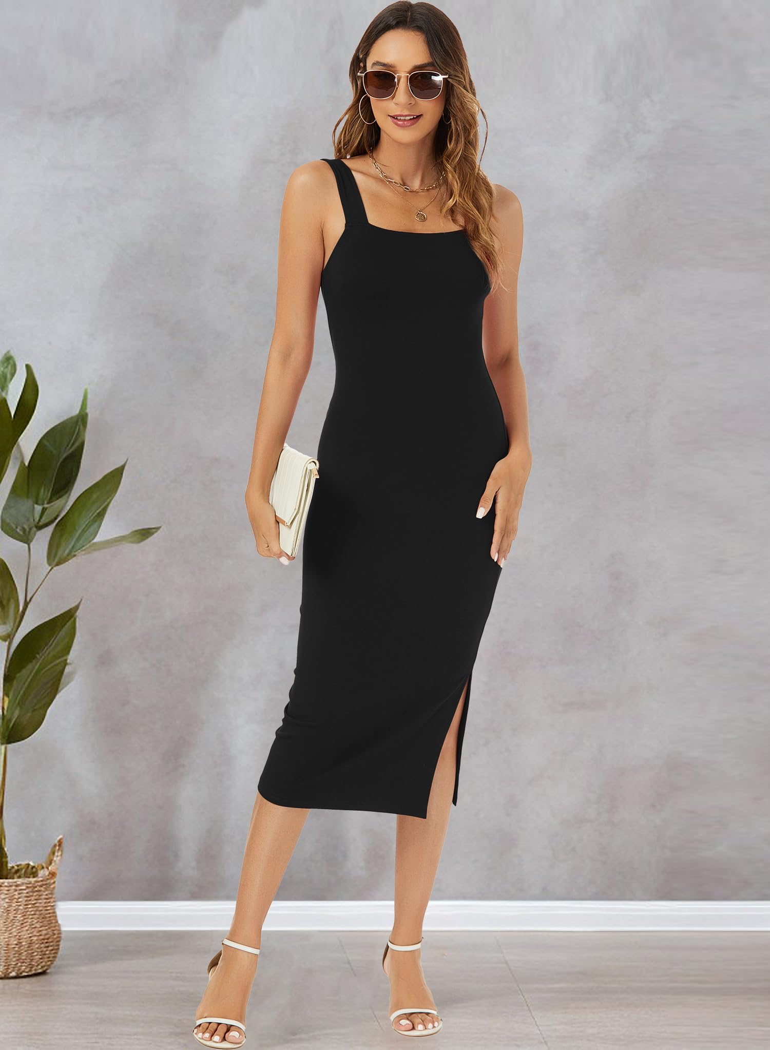 RANPHEE Women's Summer Sleeveless Bodycon Midi Dress - Square Neck, Side Slit, Stretchy Tank Dress for Casual, Party, Club, Date Night & Vacation Outfits