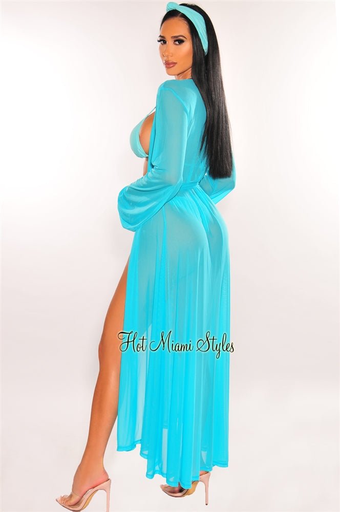Aqua Mesh Long Sleeve Belted Maxi Cover Up Dress - Lightweight Beachwear for Women, Perfect for Swimwear Cover, Poolside, Vacation & Summer Outfits