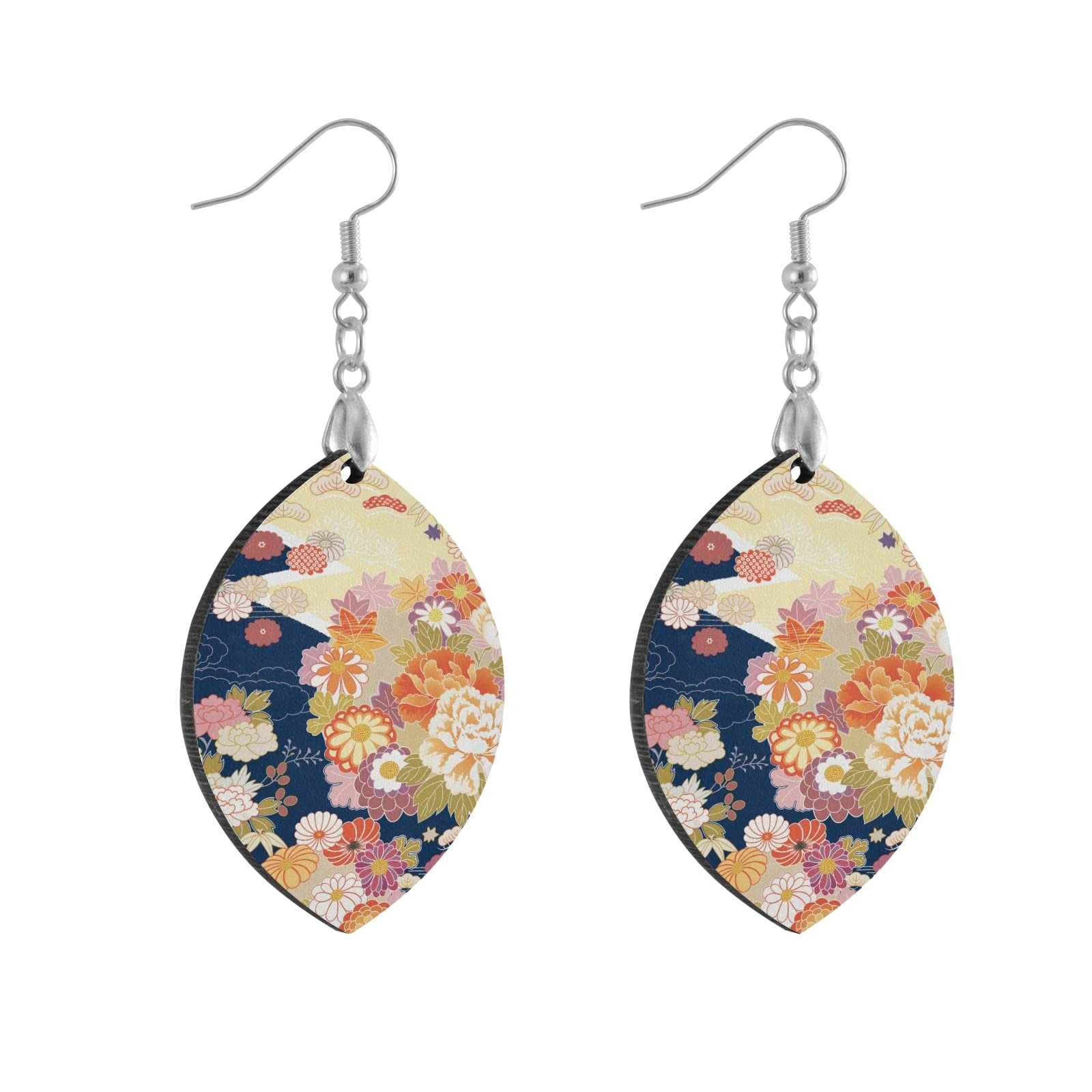 Vintage Floral Wood Drop Dangle Earrings for Women - Handmade Unique Silver Hook Pendants Wooden Jewelry - Perfect for Boho, Wedding & Everyday Fashion Accessories