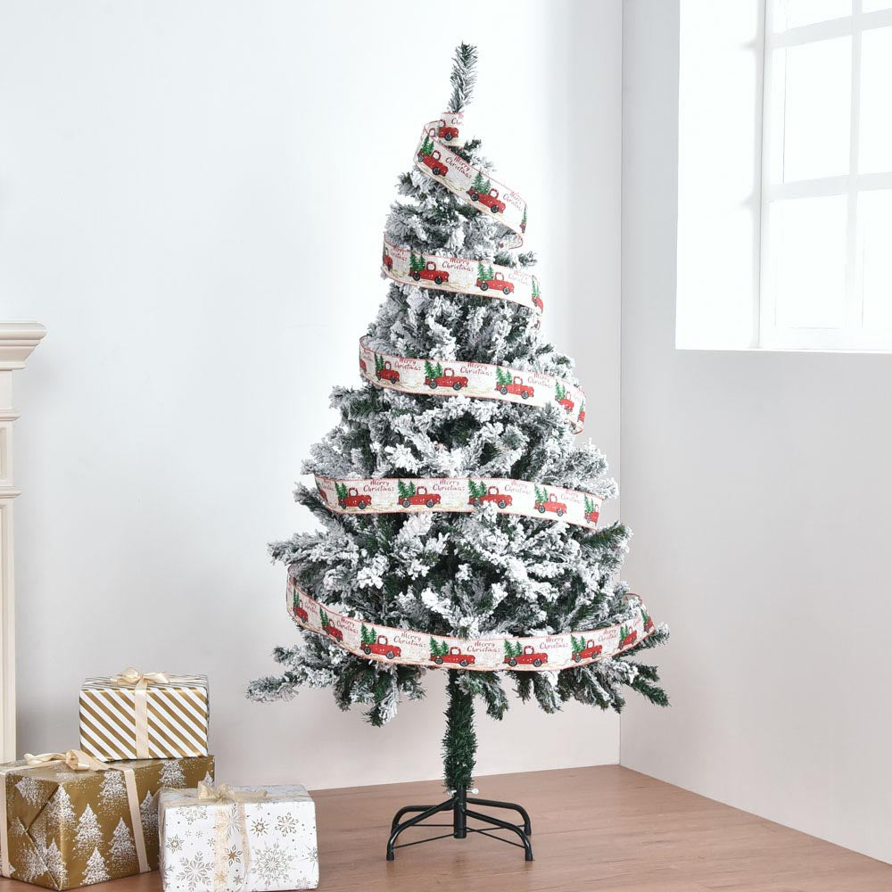 5ft Pre-Lit Frosted Christmas Tree with Ribbon Decorations & Metal Stand - Perfect for Living Room, Office Holiday Decor & Christmas Party Decoration