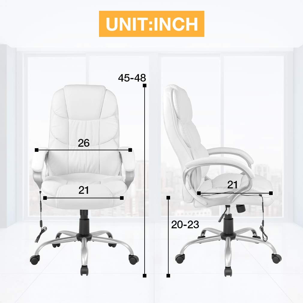 Best Ergonomic Office Chair - White Faux Leather Executive Chair with Lumbar Support, Massage & Vibration, 360° Swivel & Adjustable Armrests - Perfect for Home Office, Gaming, and Corporate Workspaces