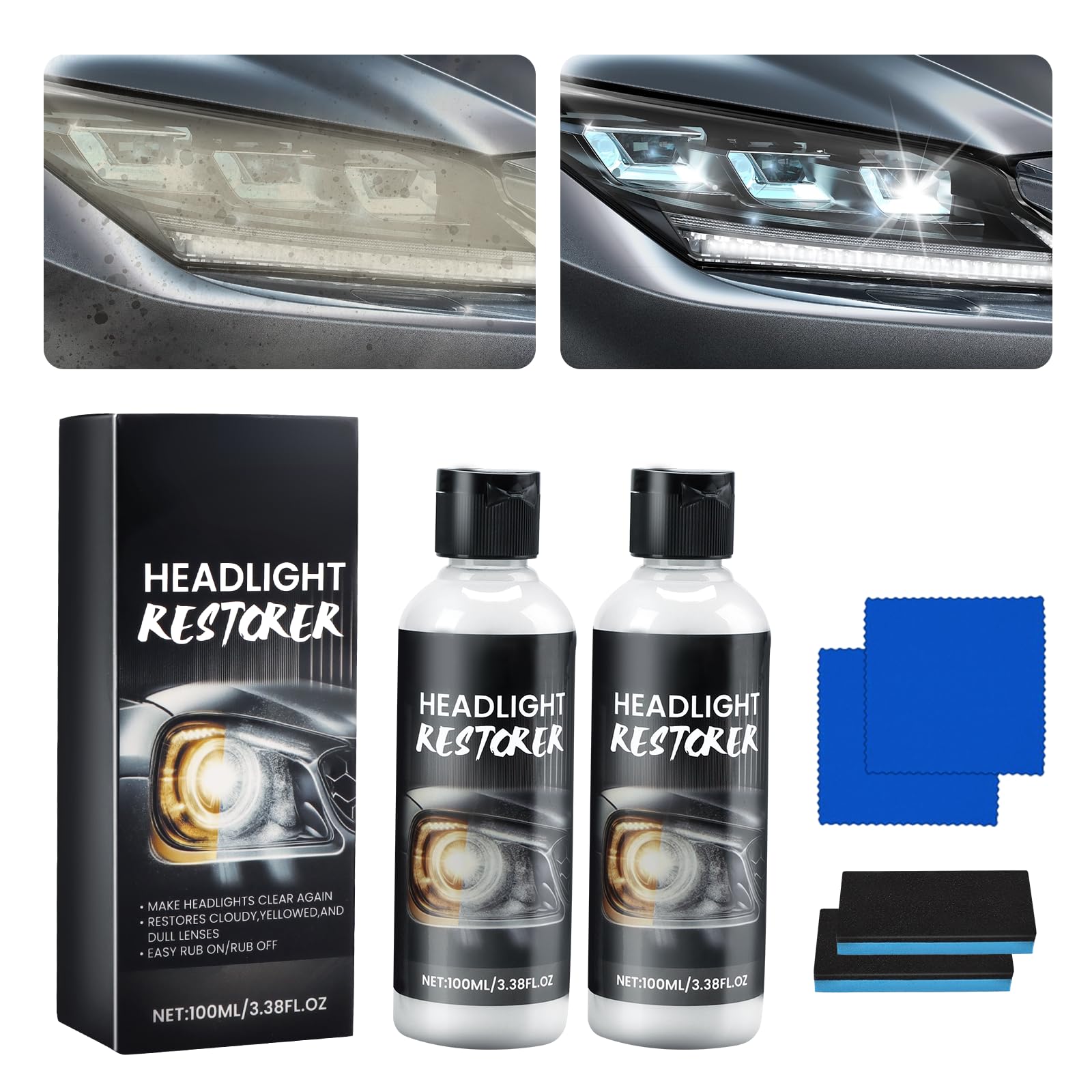 Car Headlight Restoration Kit - 2 Sets Headlight Lens Cleaner & Polishing Kit for Automotive Lights | DIY Car Accessories for Foggy, Yellowed Headlight Repair (Perfect for Night Driving & Car Maintenance)