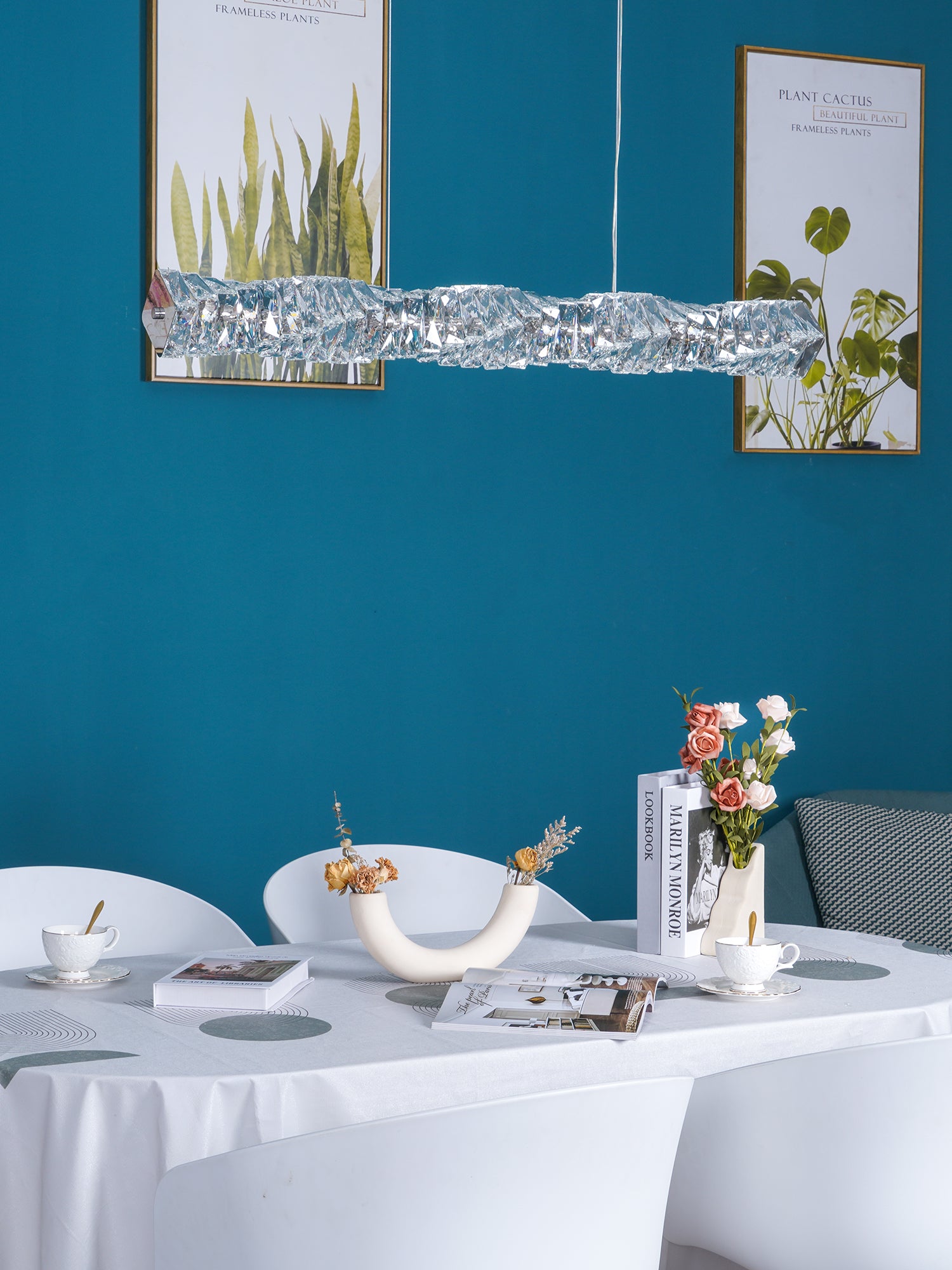 Elegant Long Crystal Pendant Light - Modern Chandelier for Dining Room, Kitchen Island & Bedroom Lighting Decor