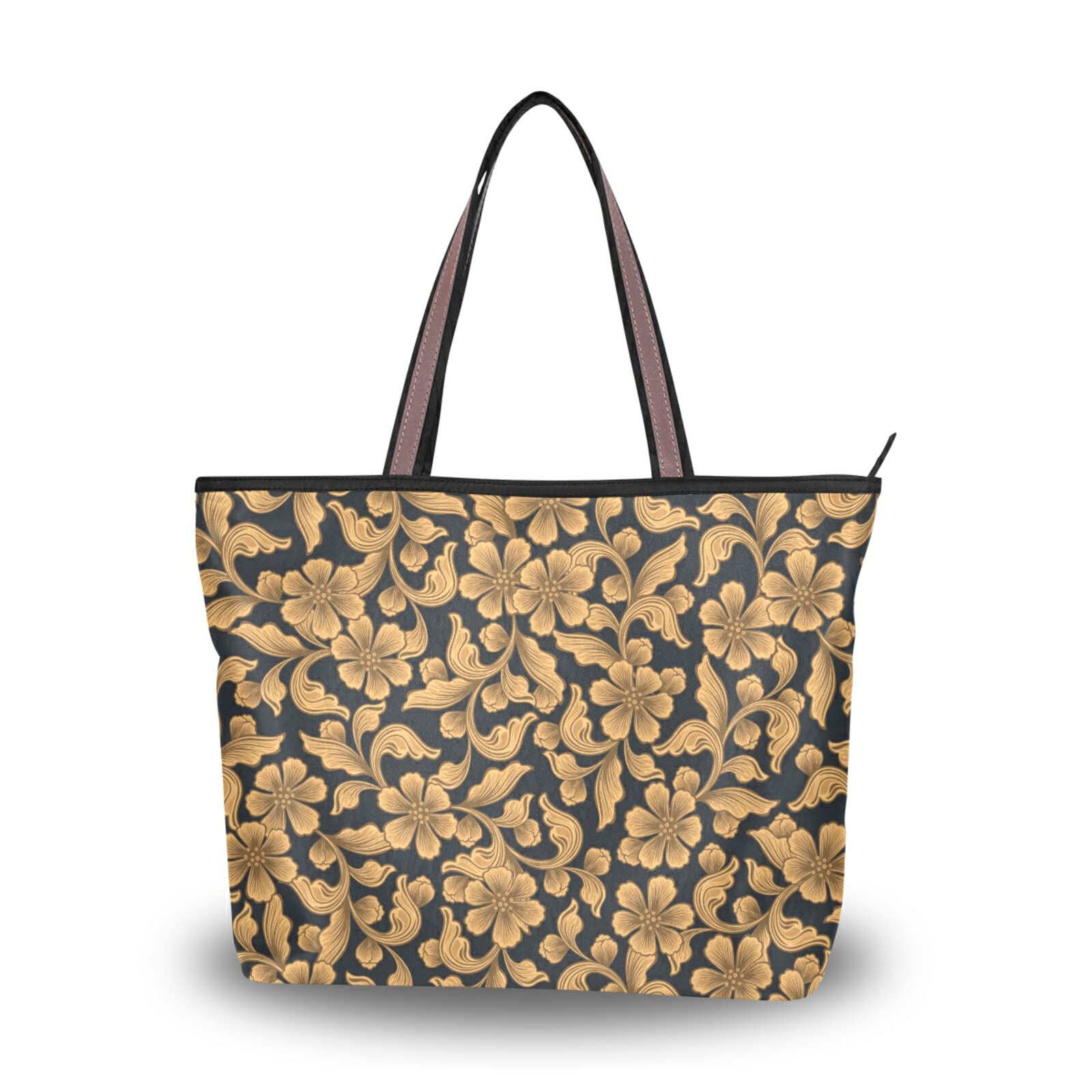 Golden Floral Tote Bag for Women - Large Capacity Zippered Grocery Bag, Aesthetic Purse for Daily Use (2 Sizes) - Perfect for Shopping, Beach & Work Commute