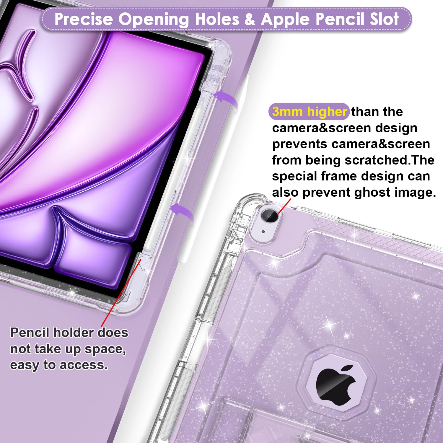 iPad Air M3 13 Inch Case 2025 & iPad Air M2 13-inch 6th Gen 2024 - Clear Glitter Slim Protective Cover with Pencil Holder, Shockproof Hard Case & Kickstand - Heavy Duty Protection for Kids, School, Travel & Daily Use