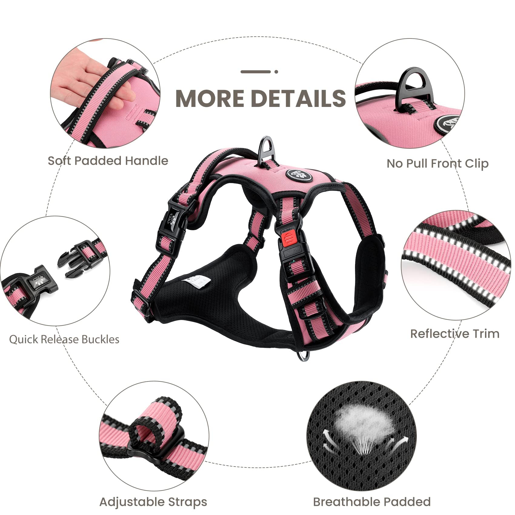 FURRYFECTION No Pull Dog Harness with Reflective Oxford & Padded Handle - Adjustable Pet Vest for Small Medium Large Dogs - 4 Straps & 2 Leash Clips - Pink Size S - Perfect for Walking, Running & Outdoor Adventures