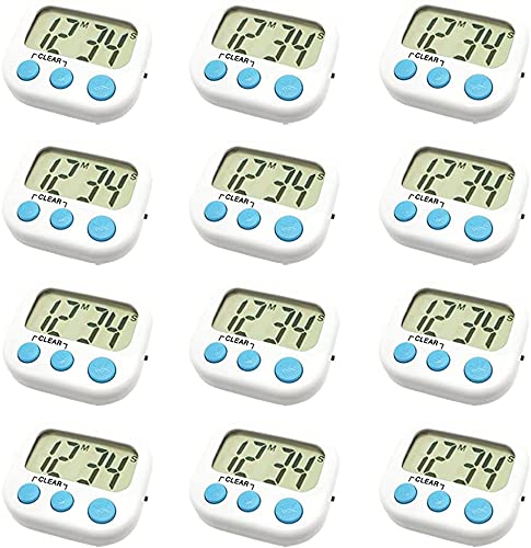 12 Pack Digital Kitchen Timer with Magnetic Back, Large LCD Display & Loud Alarm - Count Up/Down, ON/Off Switch - Perfect for Cooking, Baking, Homework, Gym Workouts & Board Games (White)