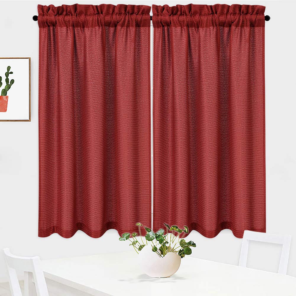 Waffle Weave Kitchen Curtains 30x45 Inches - Set of 2 Burgundy Window Drapes for Small Windows in Kitchen, Bathroom, Basement & Bedroom - Casual Textured Home Decor for Cozy Spaces