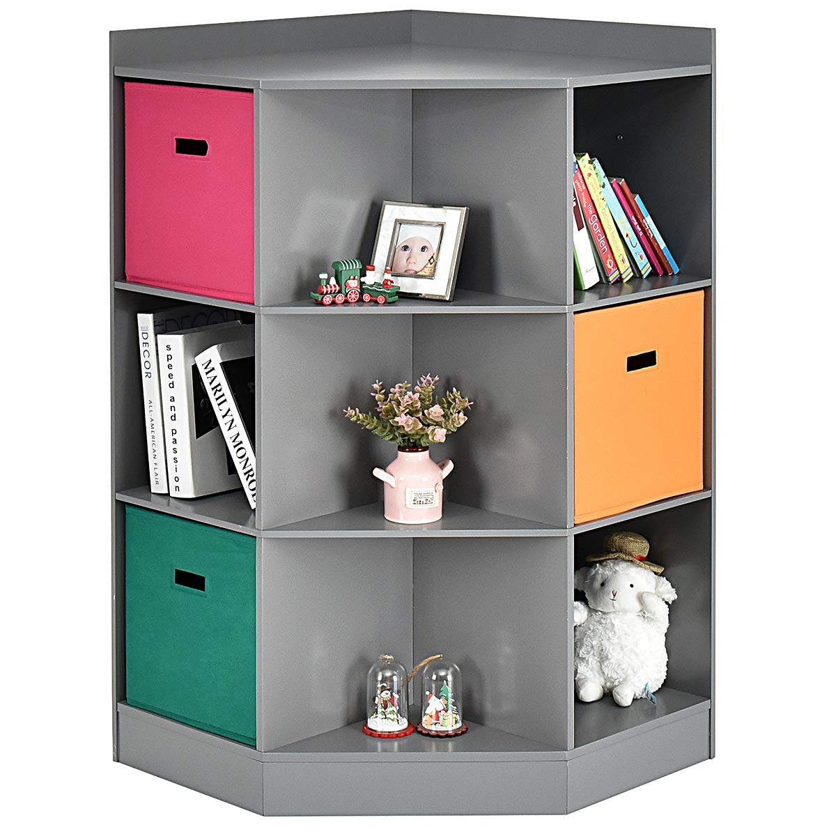 Costzon 9-Cubby Kids Bookcase with Extra Large Storage Baskets | Wooden Children's Organizer Shelf with 6 Cubes & 3 Shelves | Playroom & Nursery Storage Solution | Gray Kids Bookshelf for Toys, Books & Decor