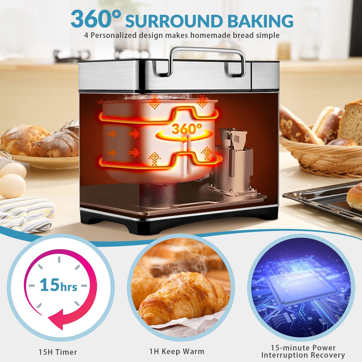 17-in-1 Stainless Steel Bread Maker Machine - 2LB Capacity, BPA-Free Non-Stick 5-Layer Ceramic Pan, Automatic Nut Dispenser, Dual Kneading Paddles, 15-Hour Timer & Keep Warm Function - Perfect for Homemade Bread, Artisan Loaves, and Gluten-Free Baking (Includes Recipe Book)