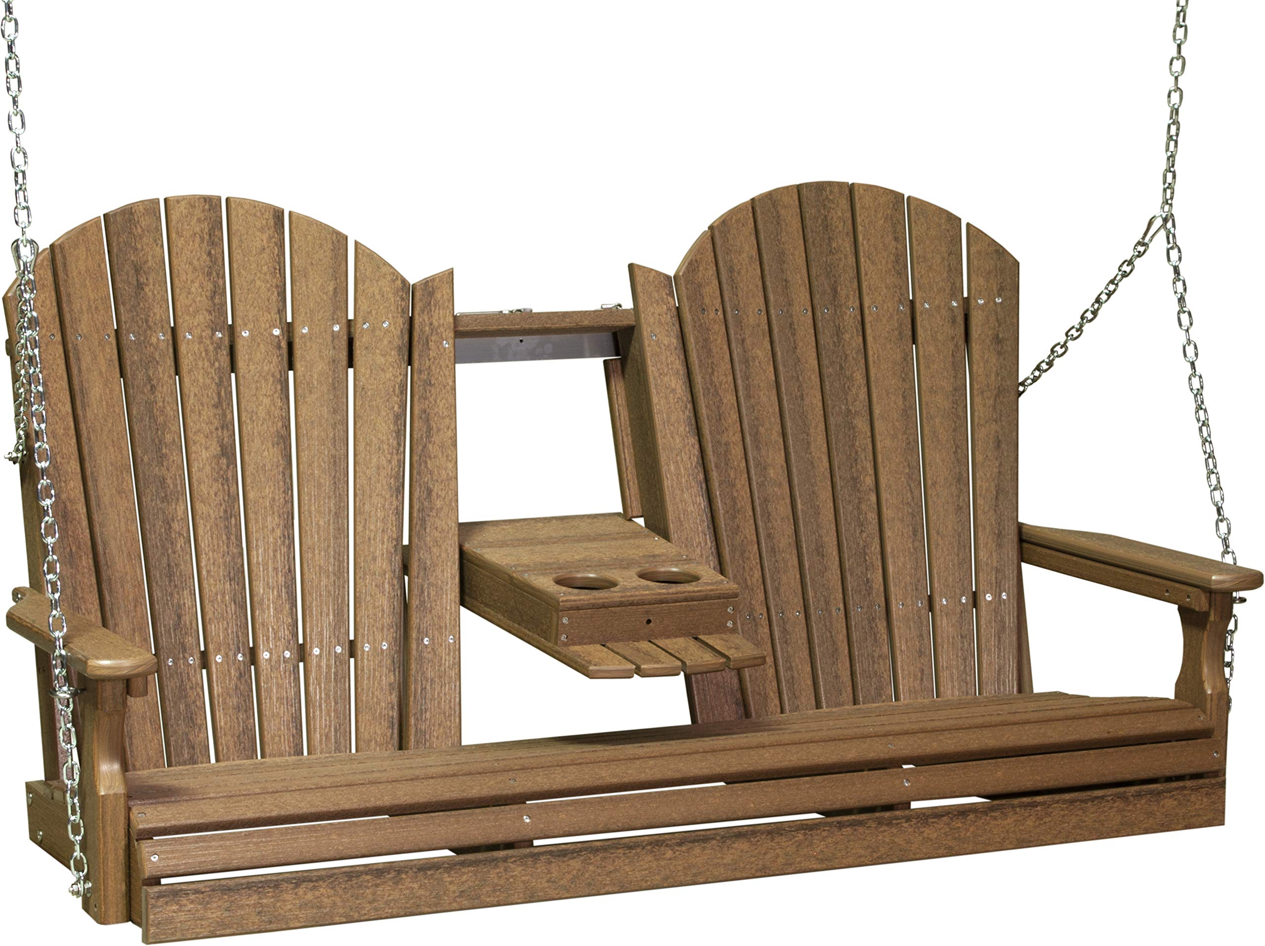 LuxCraft 5' Adirondack Hanging Porch Swing with Flip Down Console - Outdoor Patio Swing Chair, Front Porch Swing Bench in Antique Mahogany - Perfect for Backyard, Garden, and Deck Relaxation