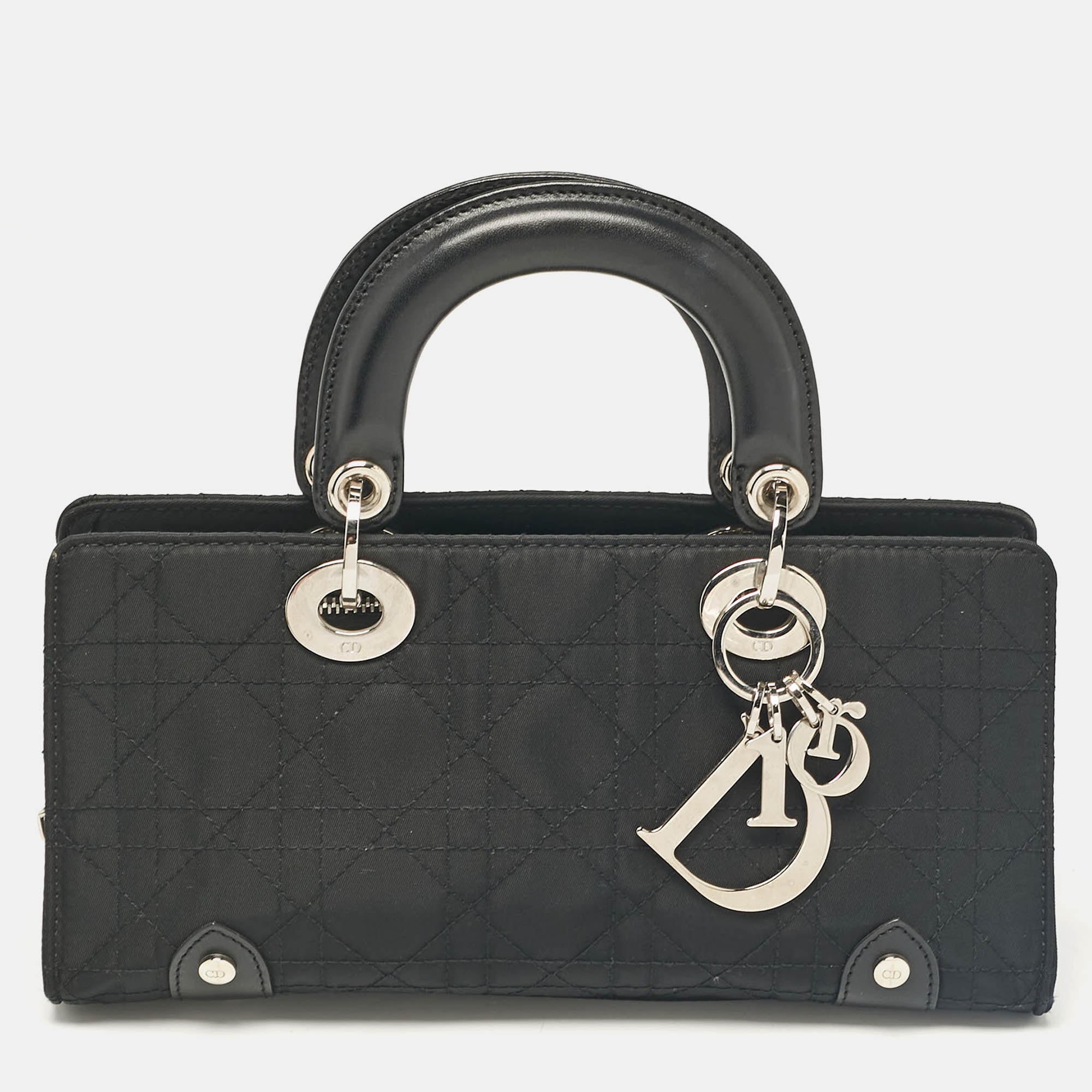 Black Cannage Fabric and Leather Lady D Joy Handbag - Elegant Crossbody Purse for Women, Perfect for Work, Date Night & Special Occasions