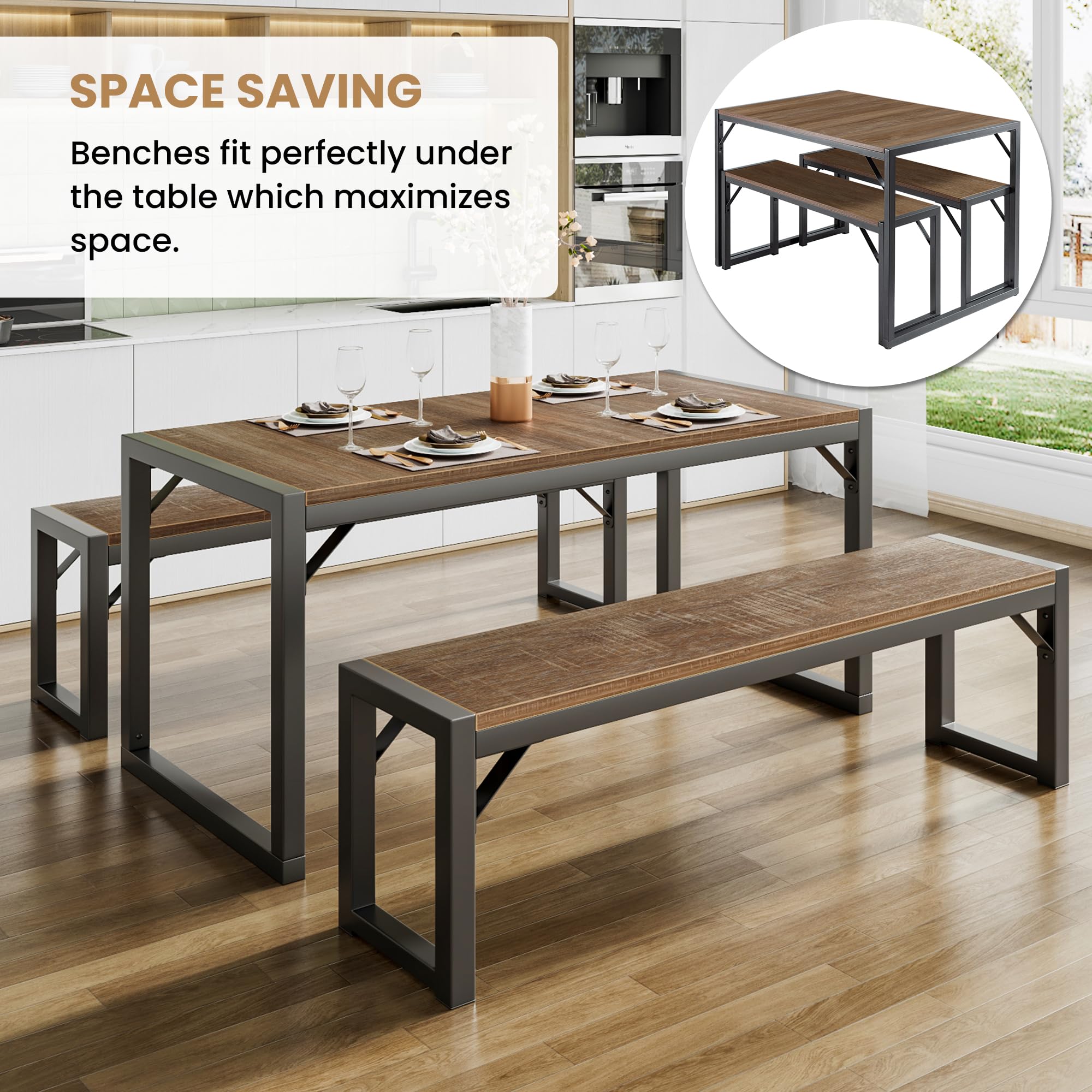 Rustic SHA CERLIN 4-Piece Kitchen Dining Table Set with Benches - Space Saving Small Dinette, Heavy Duty Metal Frame - Perfect for Apartments, Small Kitchens & Cozy Dining Spaces
