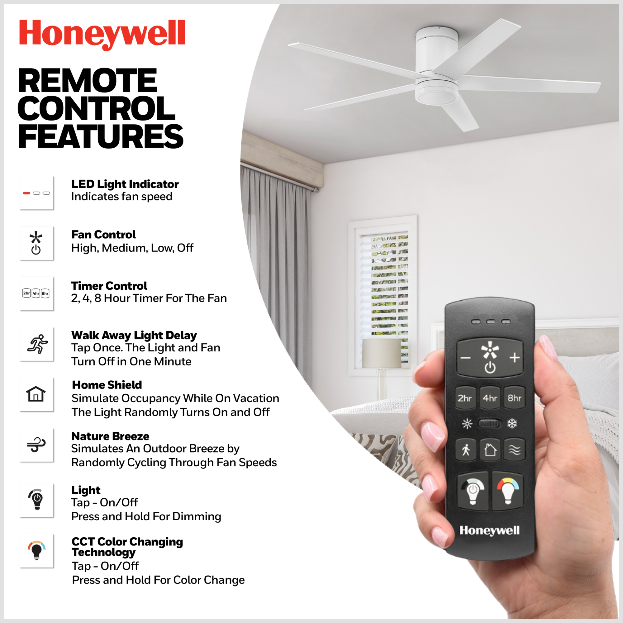 52 Inch Honeywell Graceshire White Ceiling Fan with Light Kit & Remote Control - Perfect for Living Room, Bedroom, and Outdoor Covered Patio