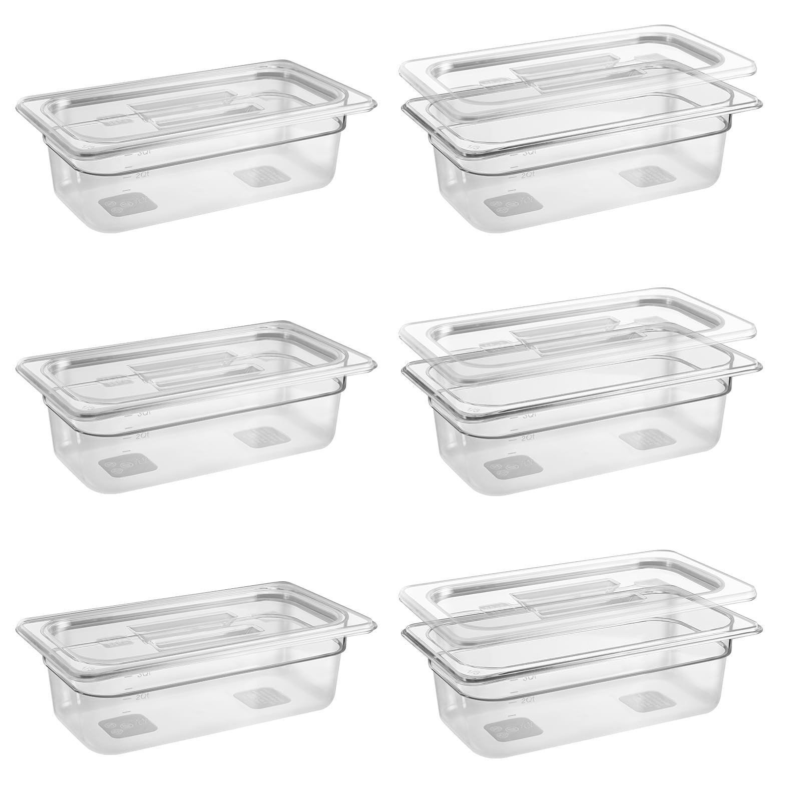 6 Pack 1/3 Size 4'' Deep Clear Food Pans with Lids - Commercial Grade Polycarbonate Transparent Food Storage Containers - Stackable Plastic Pans with Capacity Scale - Perfect for Restaurants, Catering & Meal Prep