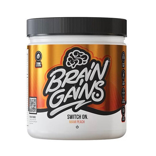Brain Gains Switch On Miami Peach 225g - Premium Nootropic Energy Supplement for Focus & Mental Clarity | Boost Productivity, Study & Work Performance