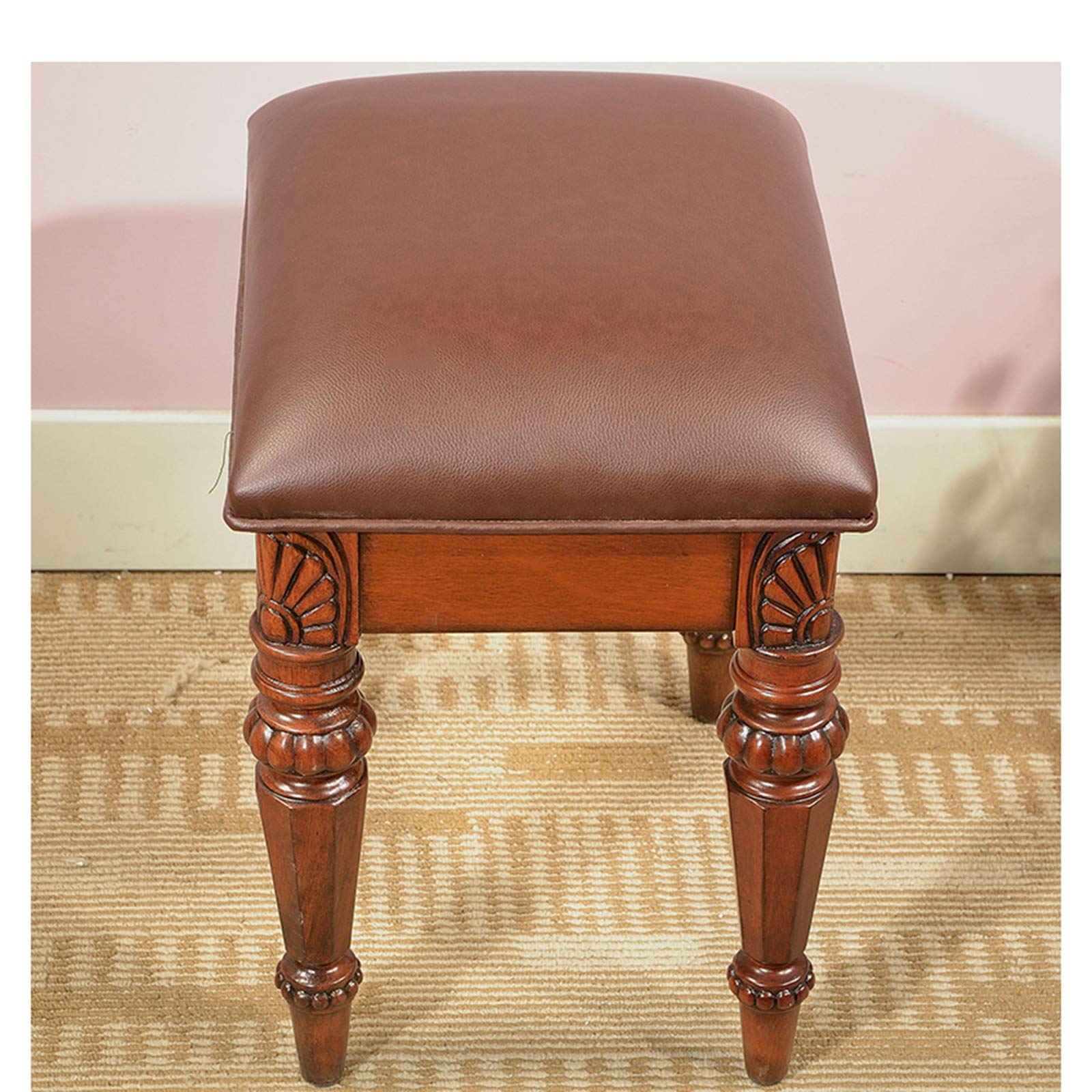 Wood Vanity Stool with PU Padded Seat - Makeup Chair for Dressing Room & Bedroom