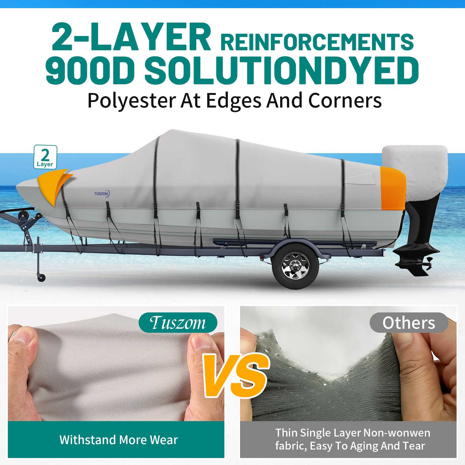Waterproof 900D Boat Cover with Windproof Straps for Fishing & Ski Boats 14'-16' - Outdoor Marine Protection