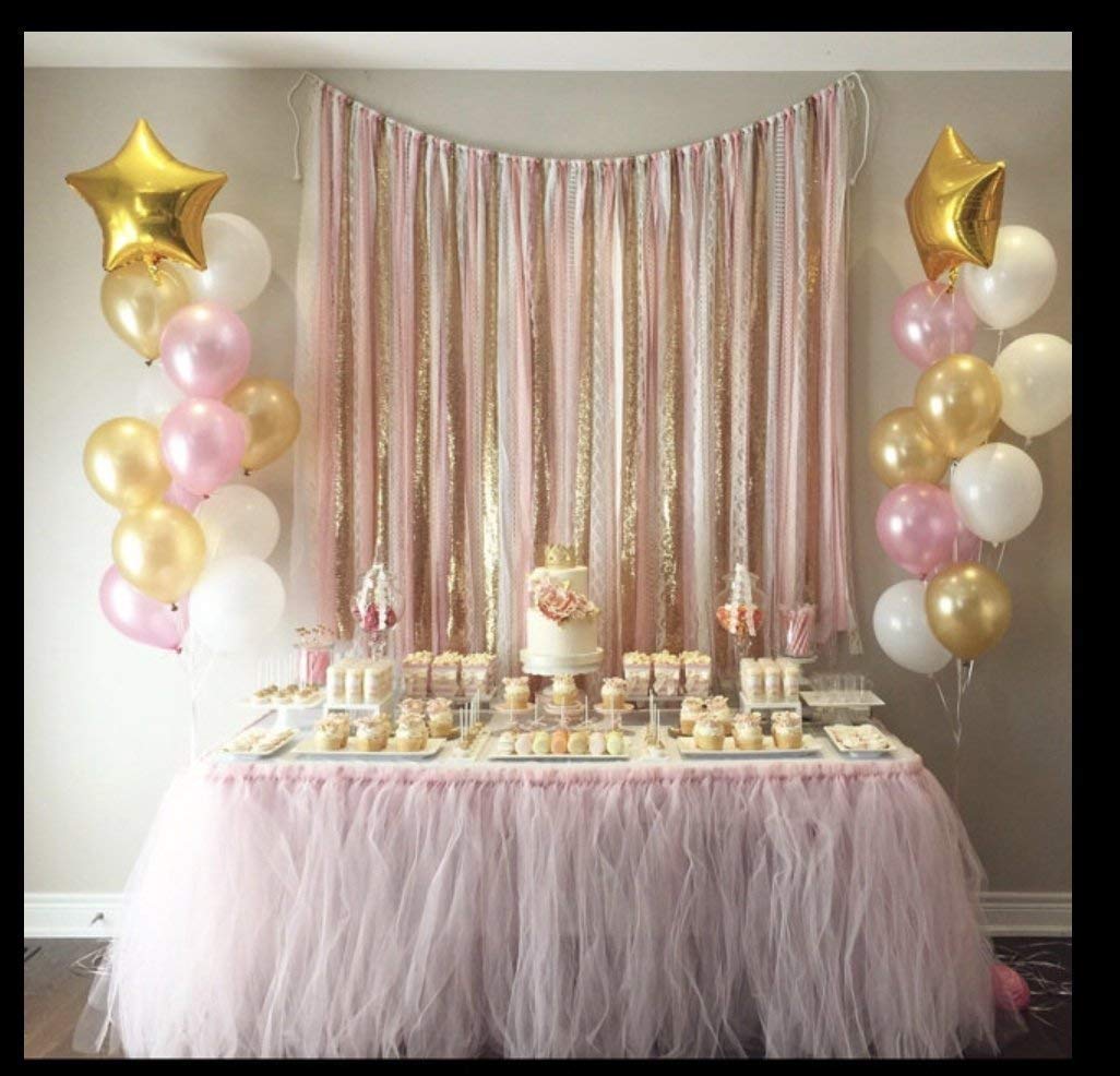 5x6 Pink & Gold Fabric Garland Backdrop with Lace and Sequin - Perfect for Weddings, Baby Showers, and Party Decorations