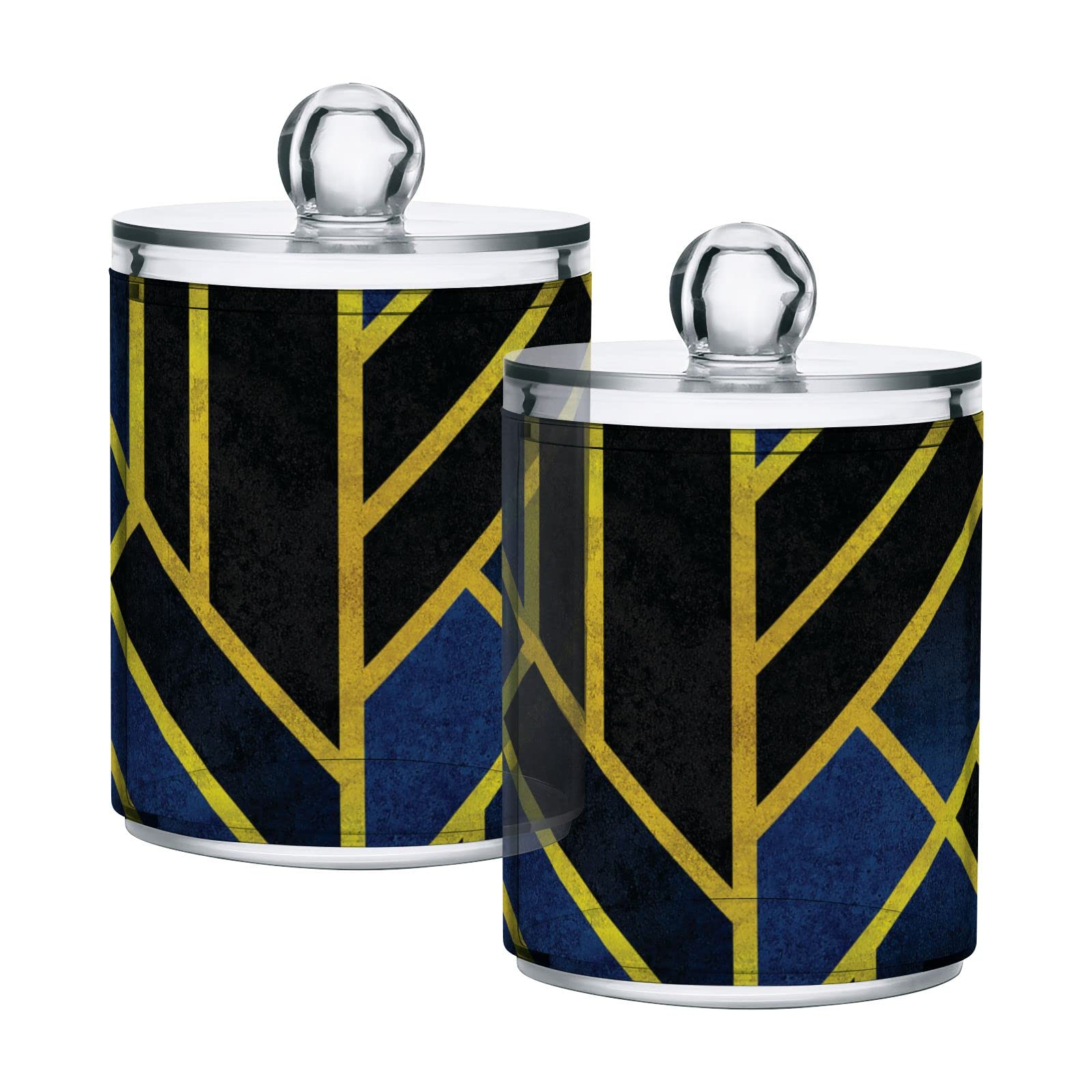 Blue & Black Geometric Pattern Plastic Storage Jars with Gold Yellow Lines - Set of 4 Translucent 10oz Food Containers with Lids for Cotton Swabs, Tea, Cookies | Modern Kitchen & Bathroom Organization