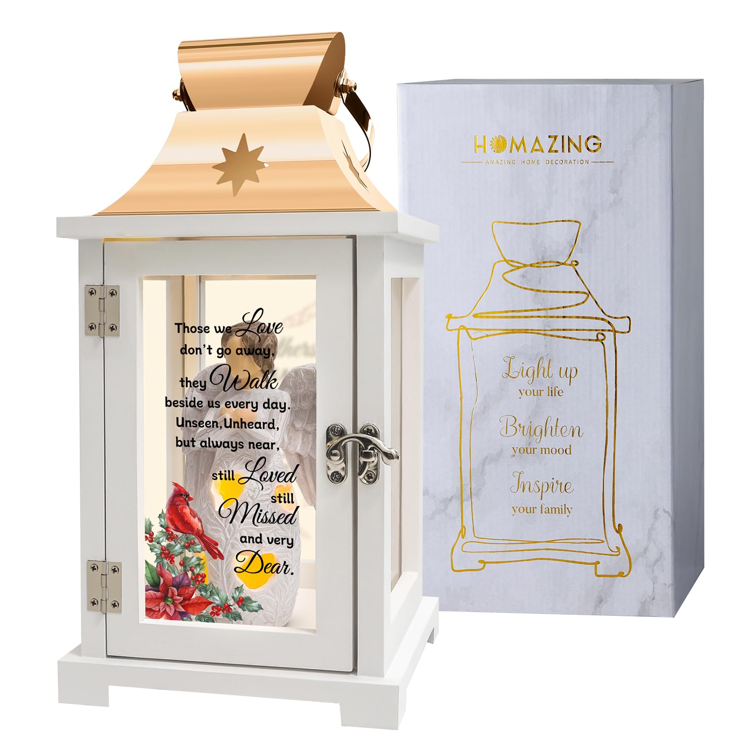 Memorial Lantern for Loved Ones - Bereavement Angel & Cardinal Sympathy Gift for Loss of Father, Mother or Family - Funeral Remembrance Candle Holder for Home Memorials, Graveside Tributes & Healing Ceremonies