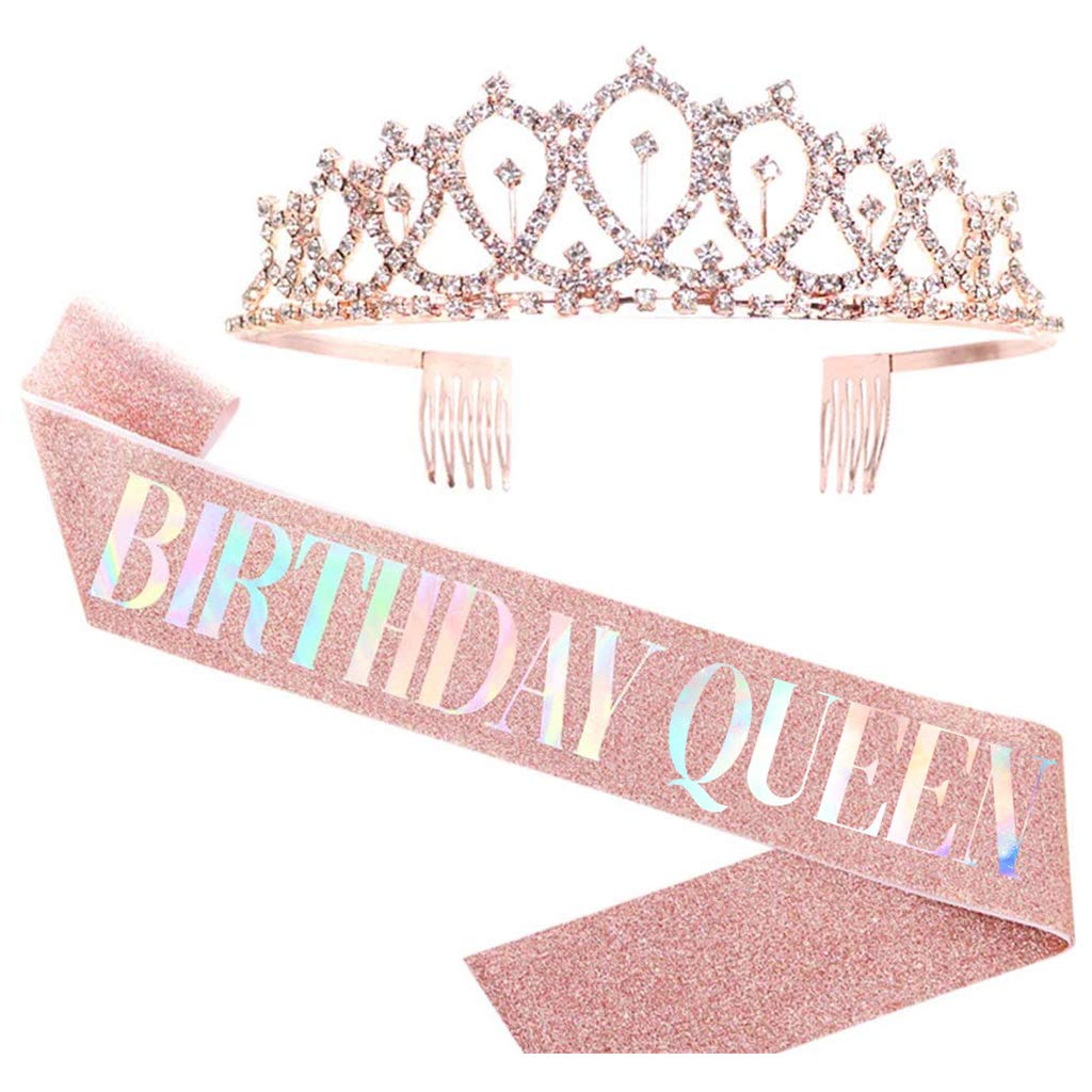 Hibye Birthday Crowns for Women - CIEHER Rhinestone Tiara & Queen Sash Set, Elegant Birthday Party Accessories for Bachelorette, Bridal Shower, Birthday Celebrations