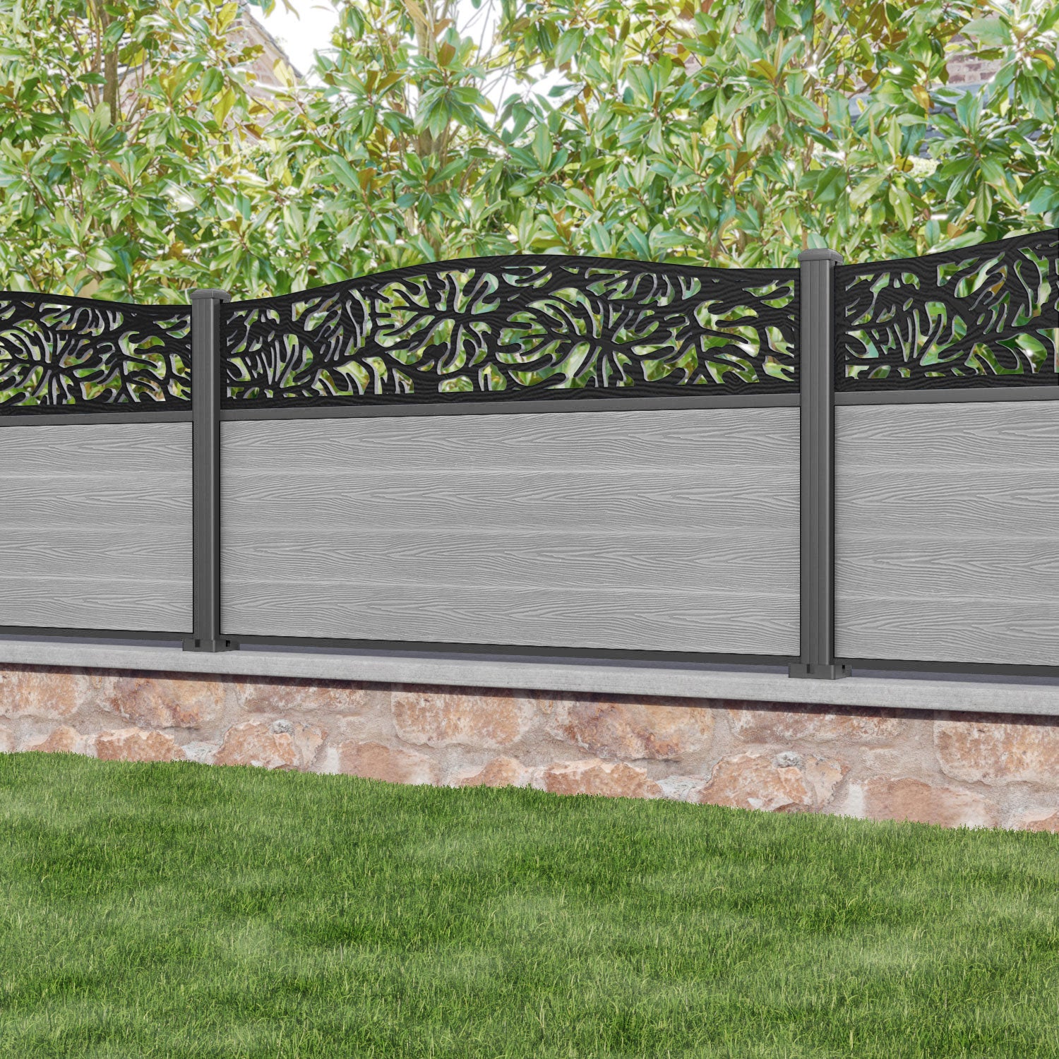 Classic Botanic Curved Top Fence Panel - Light Grey Aluminum Garden Fence with Durable Posts for Outdoor Privacy & Decoration | Perfect for Backyard, Patio, and Landscape Design