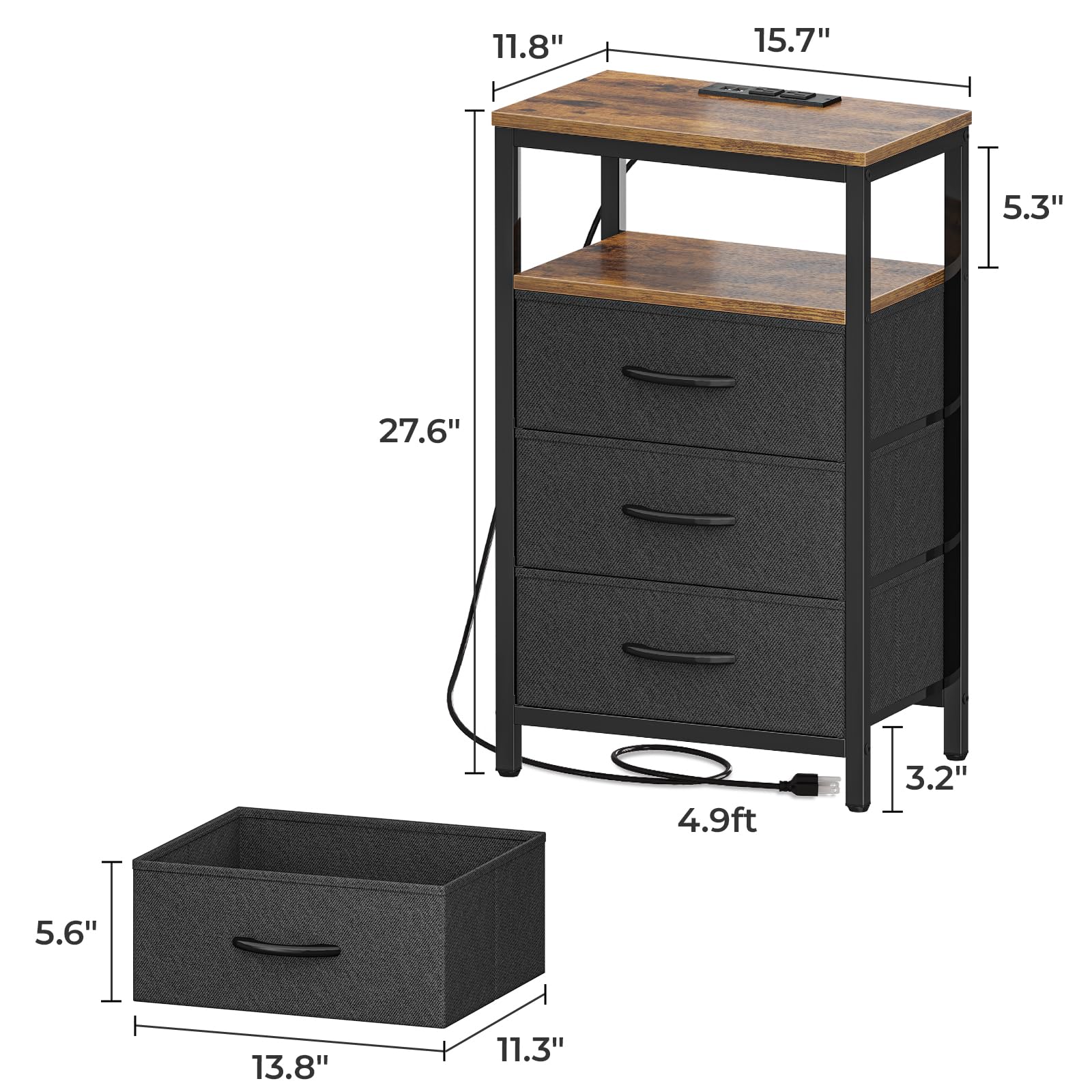 Huuger Nightstands Set of 2 - 27.6 Inch Rustic Brown and Black Bedside Tables with USB Charging Station, Fabric Drawers & Outlet - Perfect for Bedroom, Living Room or Guest Room Night Stands