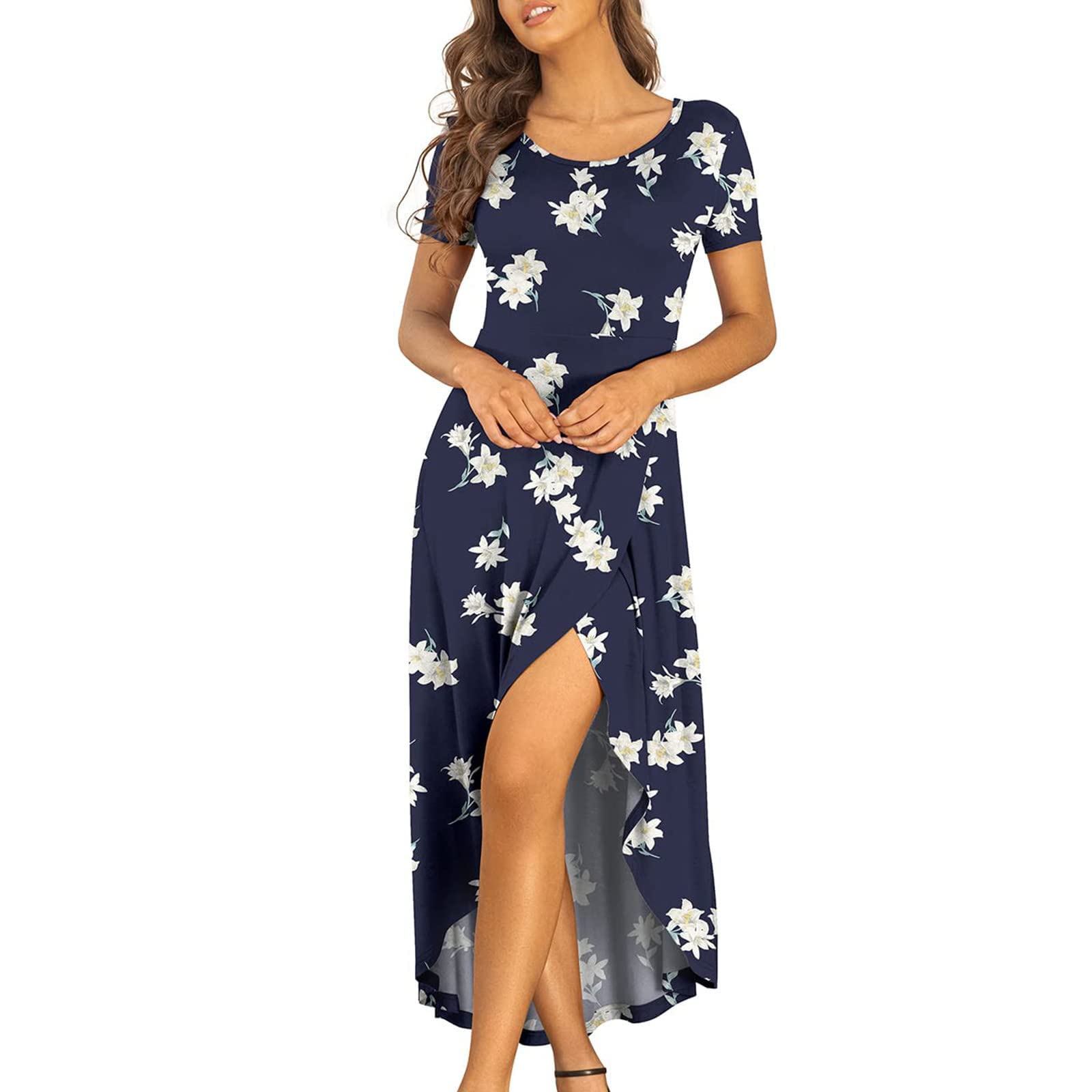 Women's Summer Maxi Dress - Floral Print Beach Dress with Short Sleeves & Flowy High-Low Hem | Casual Long Dress for Vacation, Poolside & Outdoor Parties