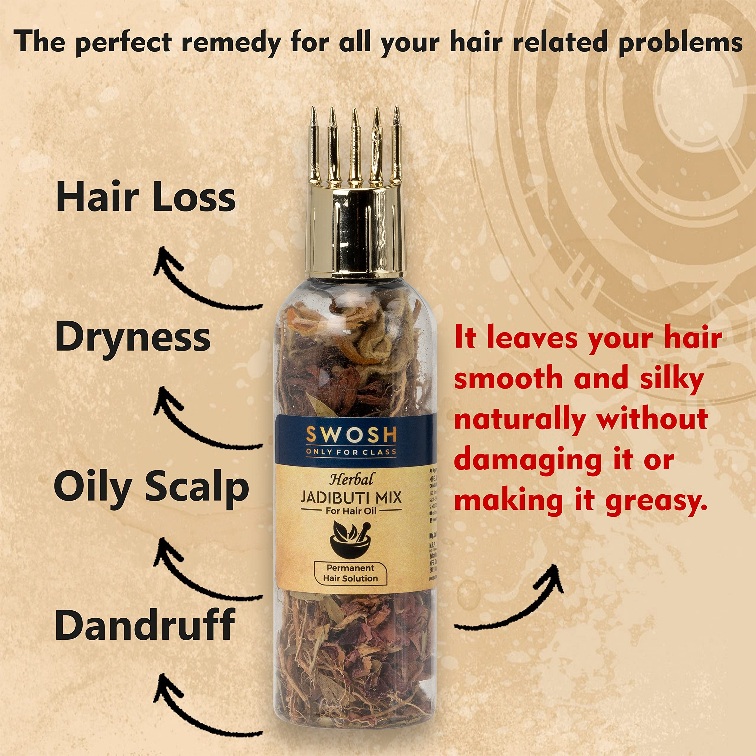 SWOSH Ayurvedic Herbal Hair Oil - 10g Dry Jadibuti Mixture with Vetiver Roots, Jasud, Rose Petals, Kesudo & Senna Leaves | Includes Hair Oil Applicator Bottle | Promotes Hair Growth & Scalp Health | Perfect for Dry, Damaged Hair & Daily Hair Care Routine