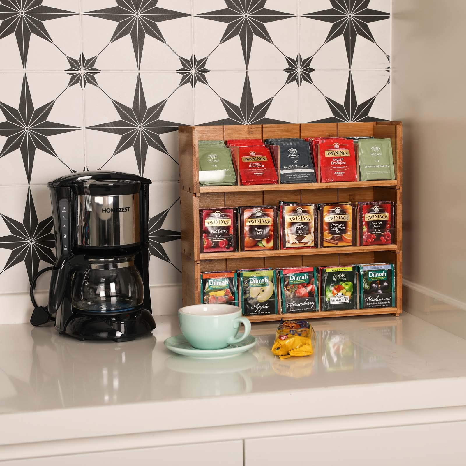 X-cosrack 3-Tier Stackable Bamboo Tea Bag Organizer Storage Box - Natural Wood Wall Mount Tea Chest with Acrylic Lid for Tea Bags - Perfect for Office, Kitchen Cabinet & Pantry Organization