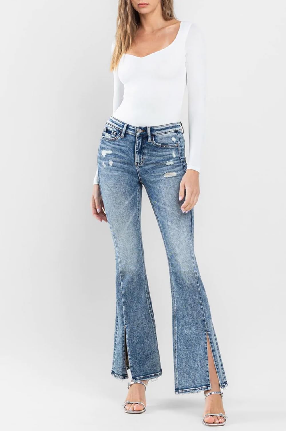 Flying Monkey F5171 High Rise Split Hem Distressed Flare Jeans for Women | Vintage 70s Inspired Denim Pants | Perfect for Casual Outfits, Music Festivals & Boho Style
