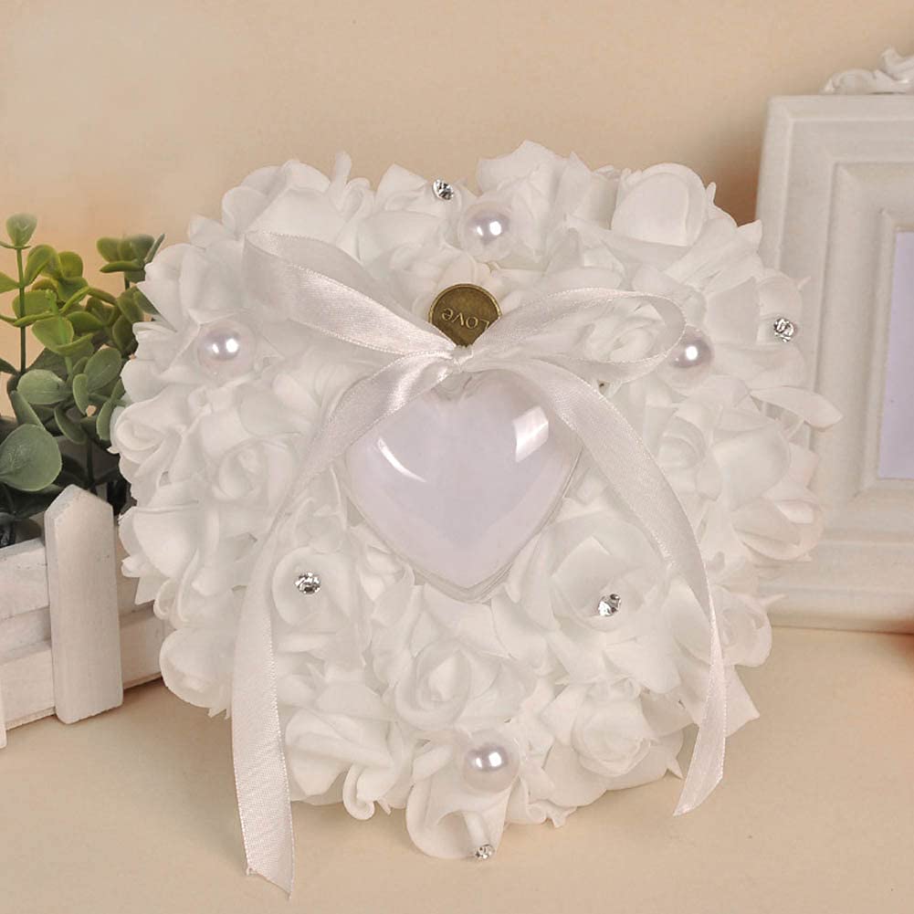 Alvinlite Rose Heart Shaped Crystal Ring Box - Elegant Wedding Ring Holder Pillow with Ribbon for Proposals, Engagements & Vow Renewals (White Jewelry Case)