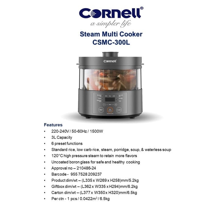 Cornell Steam Multi Cooker 6-in-1 - Low Carb Rice Cooker, Waterless Soup Maker, Steamer & Slow Cooker - Healthy Cooking for Diets, Meal Prep & Family Dinners (CSMC300L)