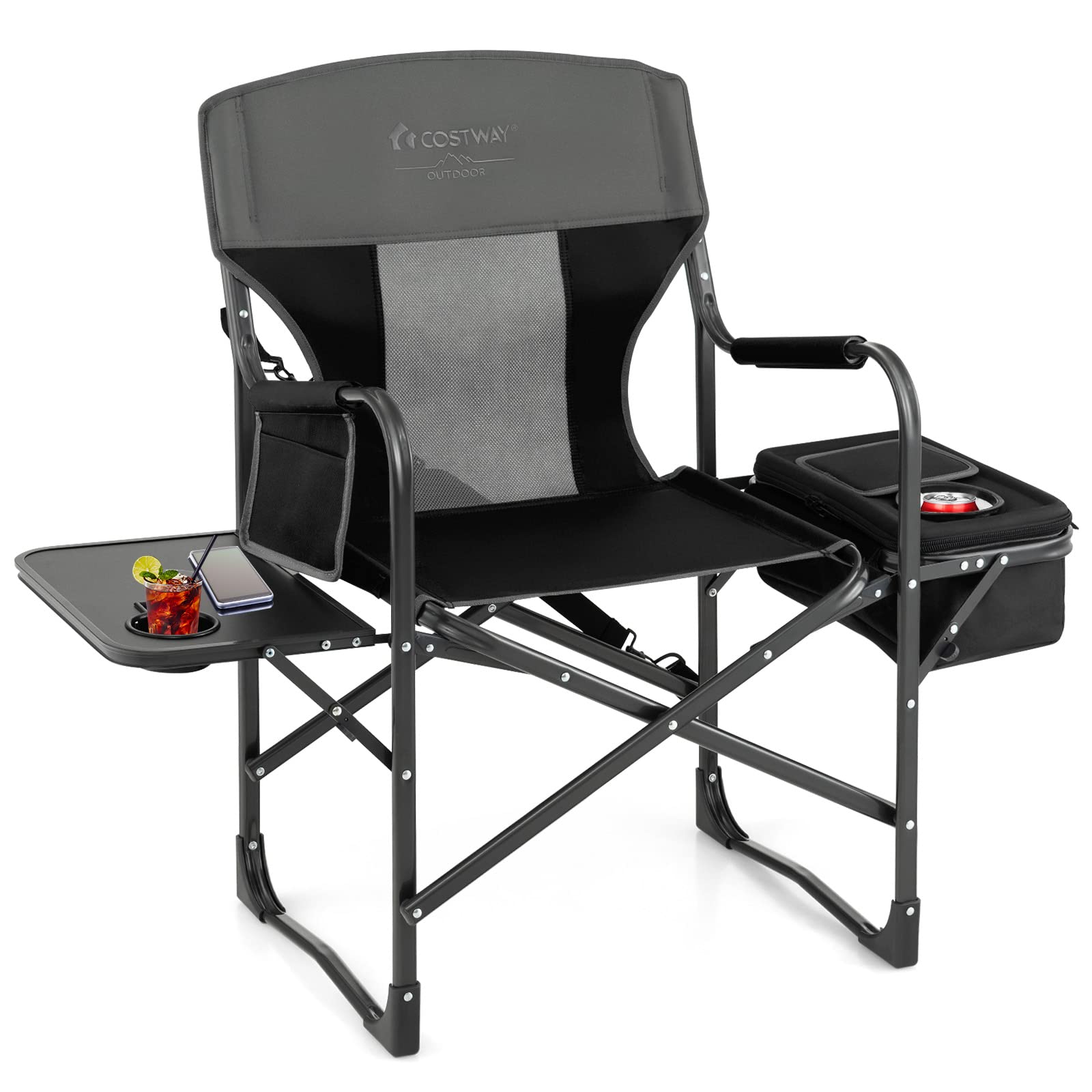 COSTWAY Heavy-Duty Folding Camping Chair with Side Table & Cooler Bag - 400lbs Capacity Portable Director Chair for Adults, Outdoor Fishing Picnic, Beach, Camping, and Makeup Application - Includes Storage Pouch & Carry Strap (Black)