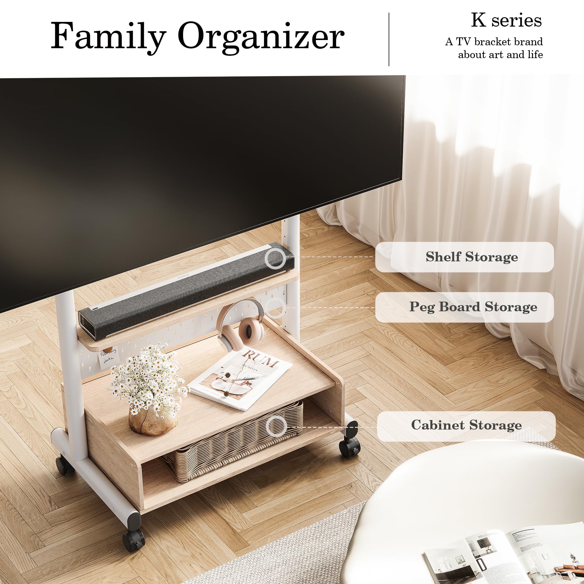 FITUEYES Heavy Duty Rolling TV Stand for 40-85 Inch Flat/Curved Screens - Mobile Corner TV Cart with Mount & Wood Storage Shelf - Holds Up to 132 lbs - Perfect for Living Room, Bedroom, or Office