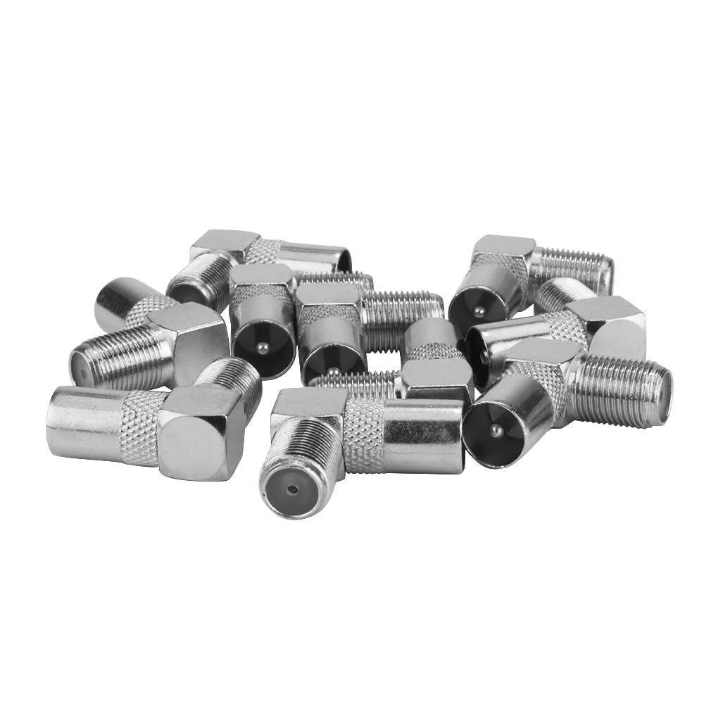 10 Pack F Female to PAL Male Right-Angle Adapters - Gold Plated Connectors for CCTV, Satellite TV & Antenna Installations - Secure & Durable RF Coaxial Cable Solution