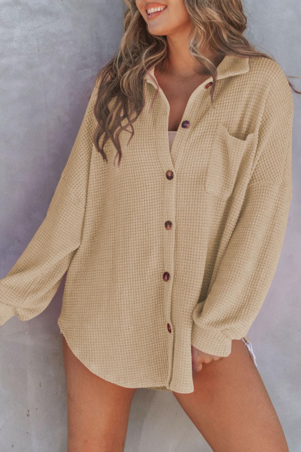 SHEWIN Women's Waffle Knit Button Down Shirt - Casual Long Sleeve Shacket Jacket, Boyfriend Style Loose Fit Blouse for Fall & Winter | Perfect for Layering, Office Wear, and Weekend Outfits