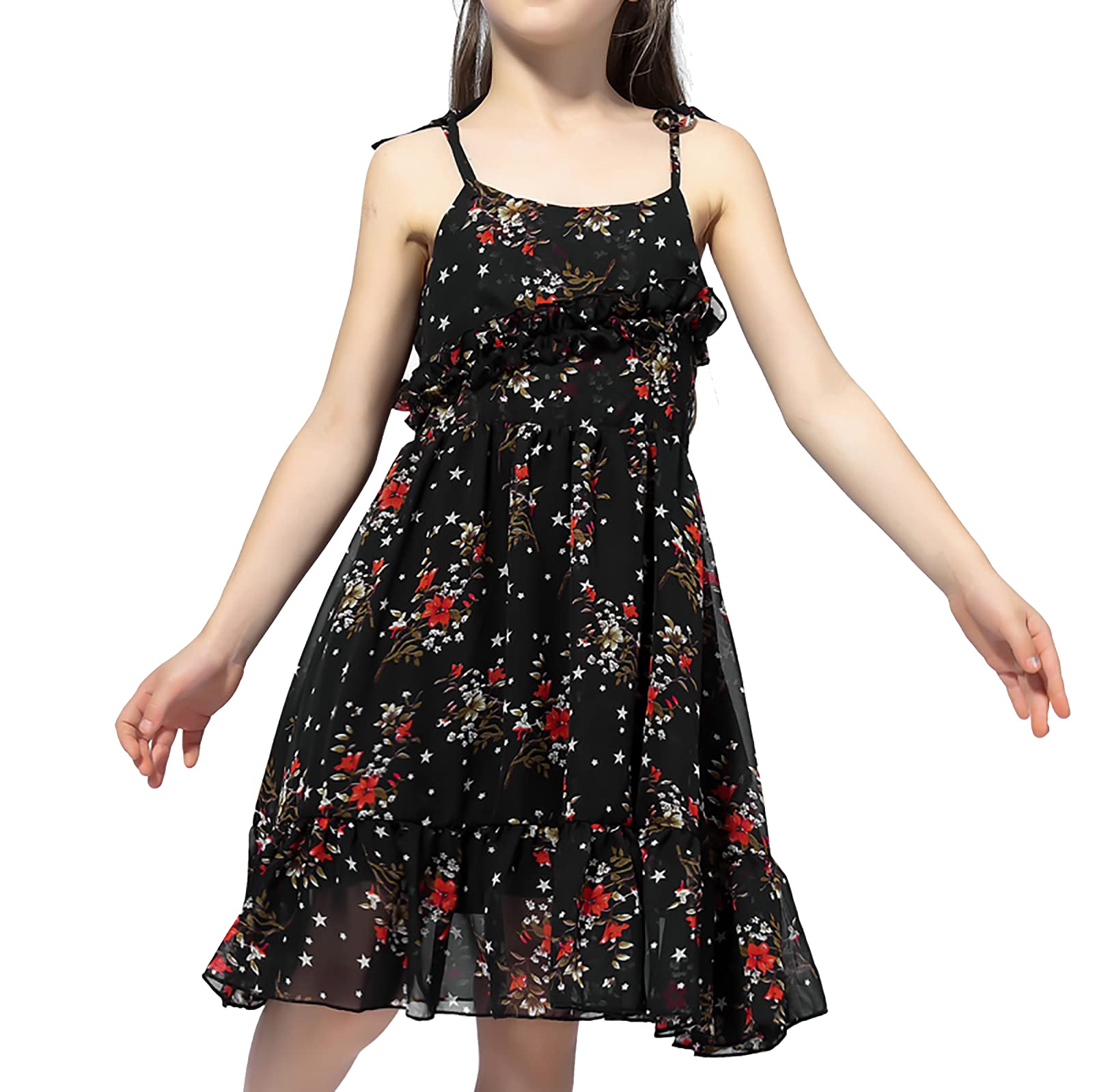 Freebily Girls Summer Floral Chiffon Dress - Spaghetti Strap Off Shoulder Bohemian Sundress with Ruffle Trim for Beach, Vacation & Outdoor Parties