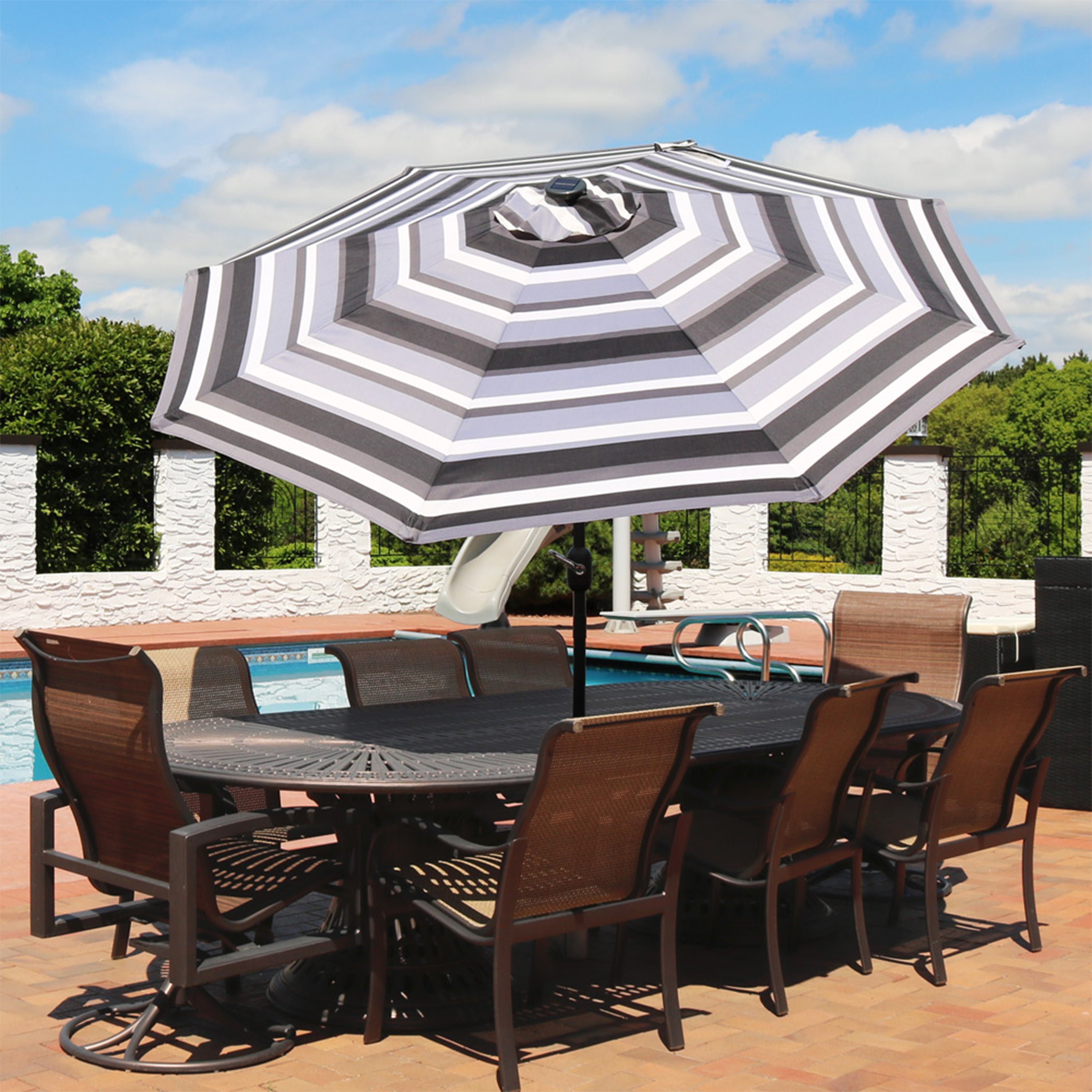 Sunnydaze 9-Foot Striped Outdoor Patio Umbrella with Built-in Solar LED Lights - Perfect for Backyard, Poolside, and Beach Relaxation