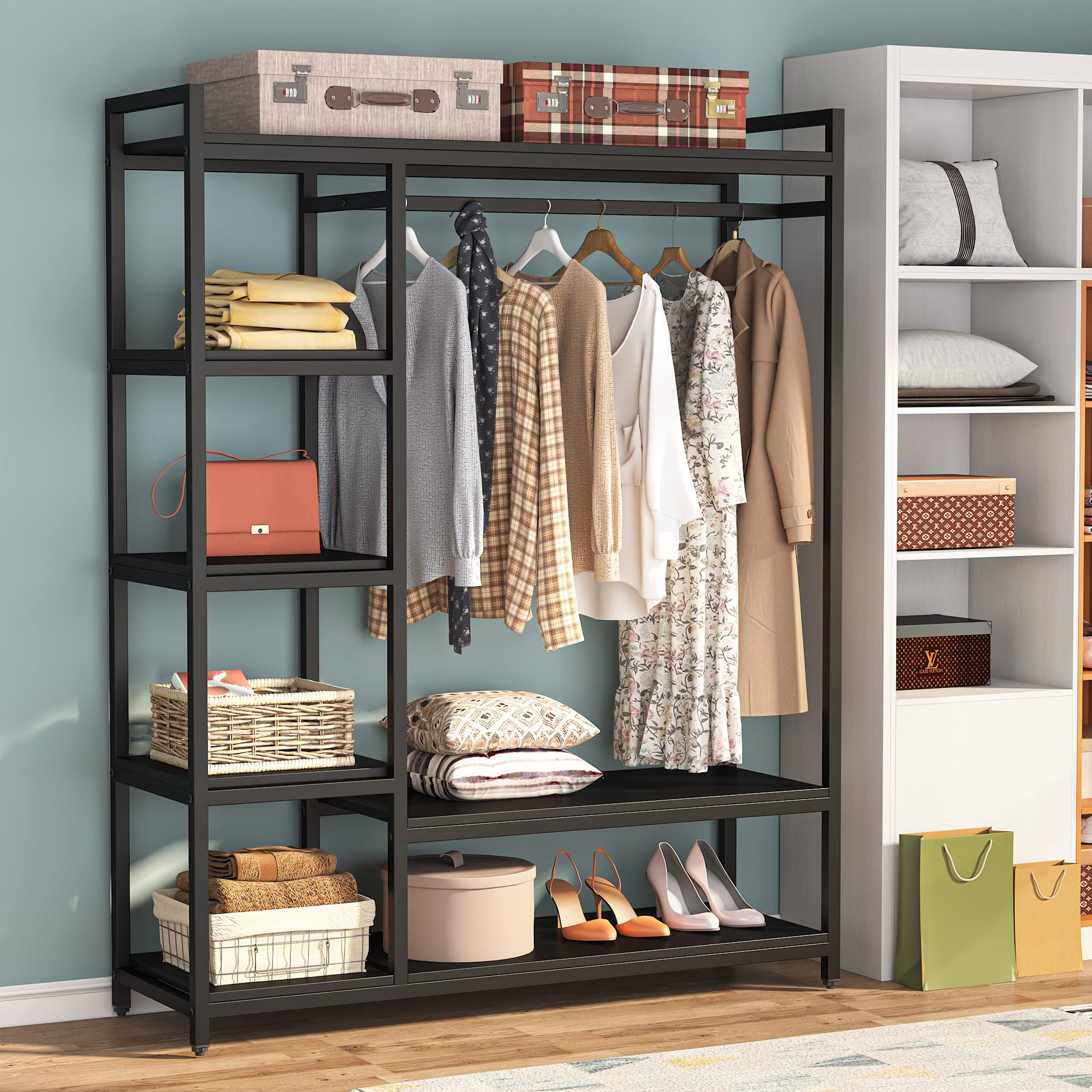 Free Standing Wood Closet Clothes Rack - Heavy Duty Garment Rack with Shelves, 350 lb Capacity - Bedroom Wardrobe Organizer for Hanging Clothes, Coats & Accessories - Perfect for Small Spaces, Dorm Rooms & Apartment Closets - Black