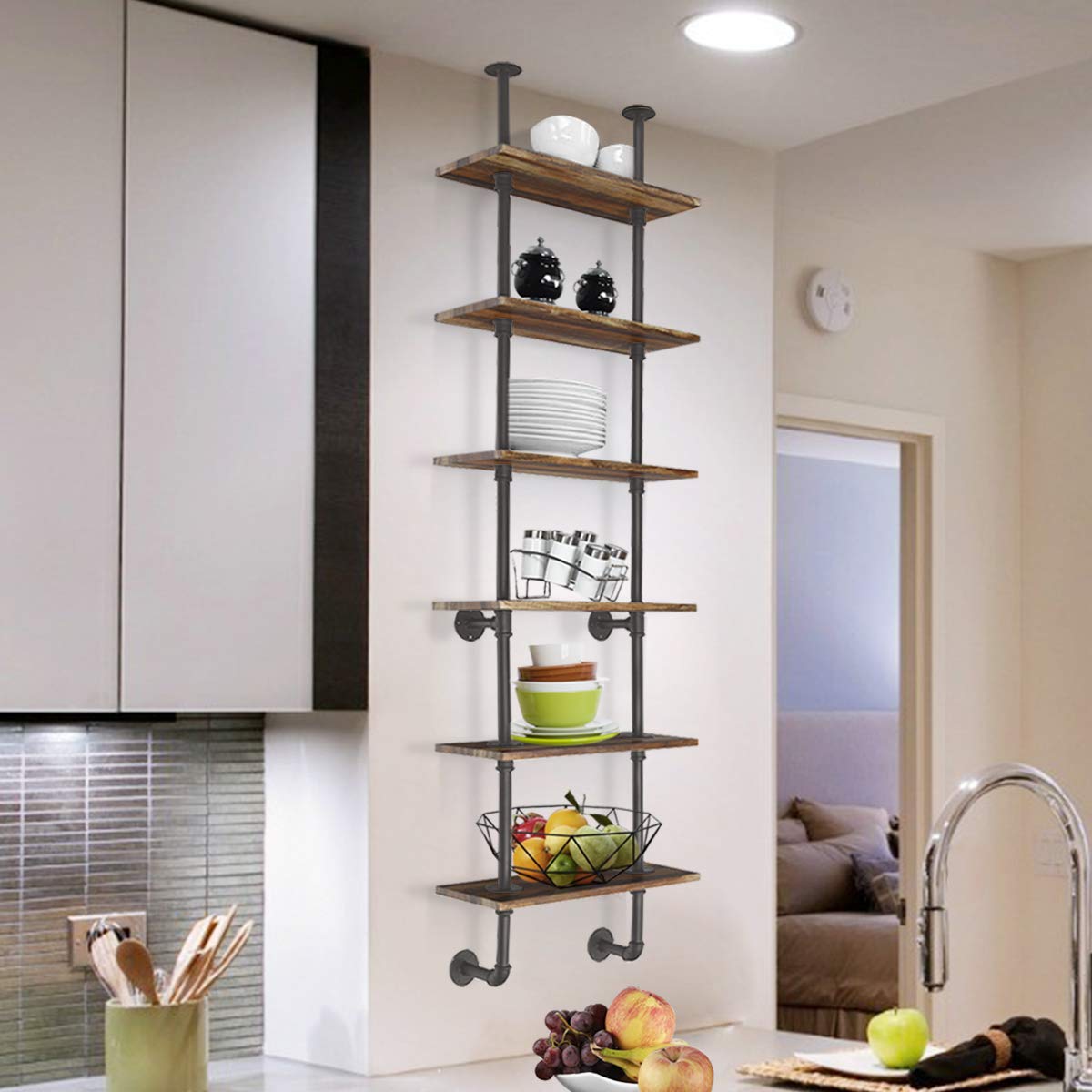 Giantex 6-Tier Industrial Pipe Shelf - Rustic Wood Wall Mounted Ladder Bookshelf for Living Room, Bedroom & Small Spaces | Easy to Install Farmhouse Decor for Apartments & Home Organization