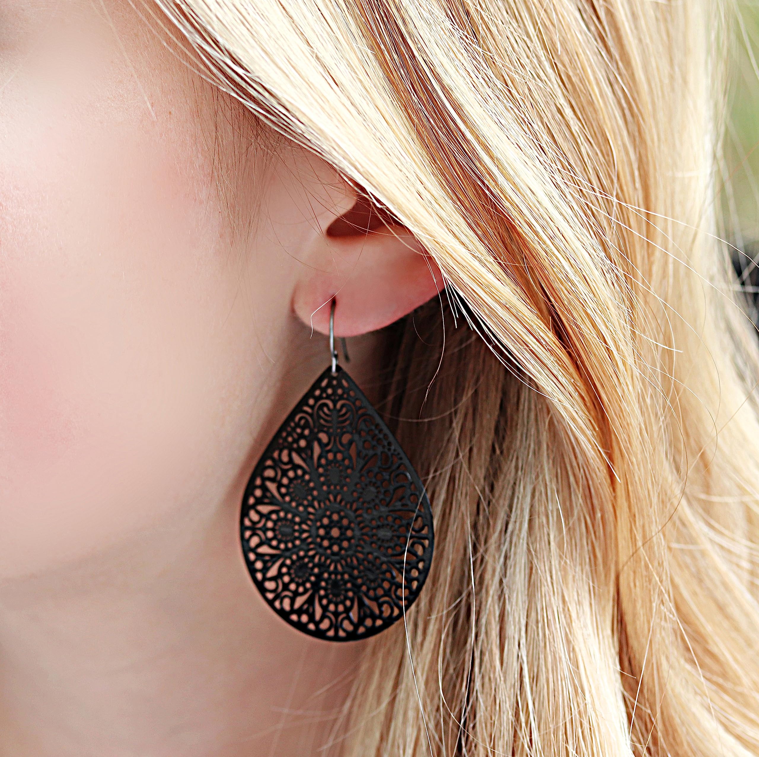 Lightweight Black Lace Cutout Dangle Earrings with Hypoallergenic Titanium Hooks - Elegant Teardrop Design for Women, Perfect for Parties, Weddings & Evening Events