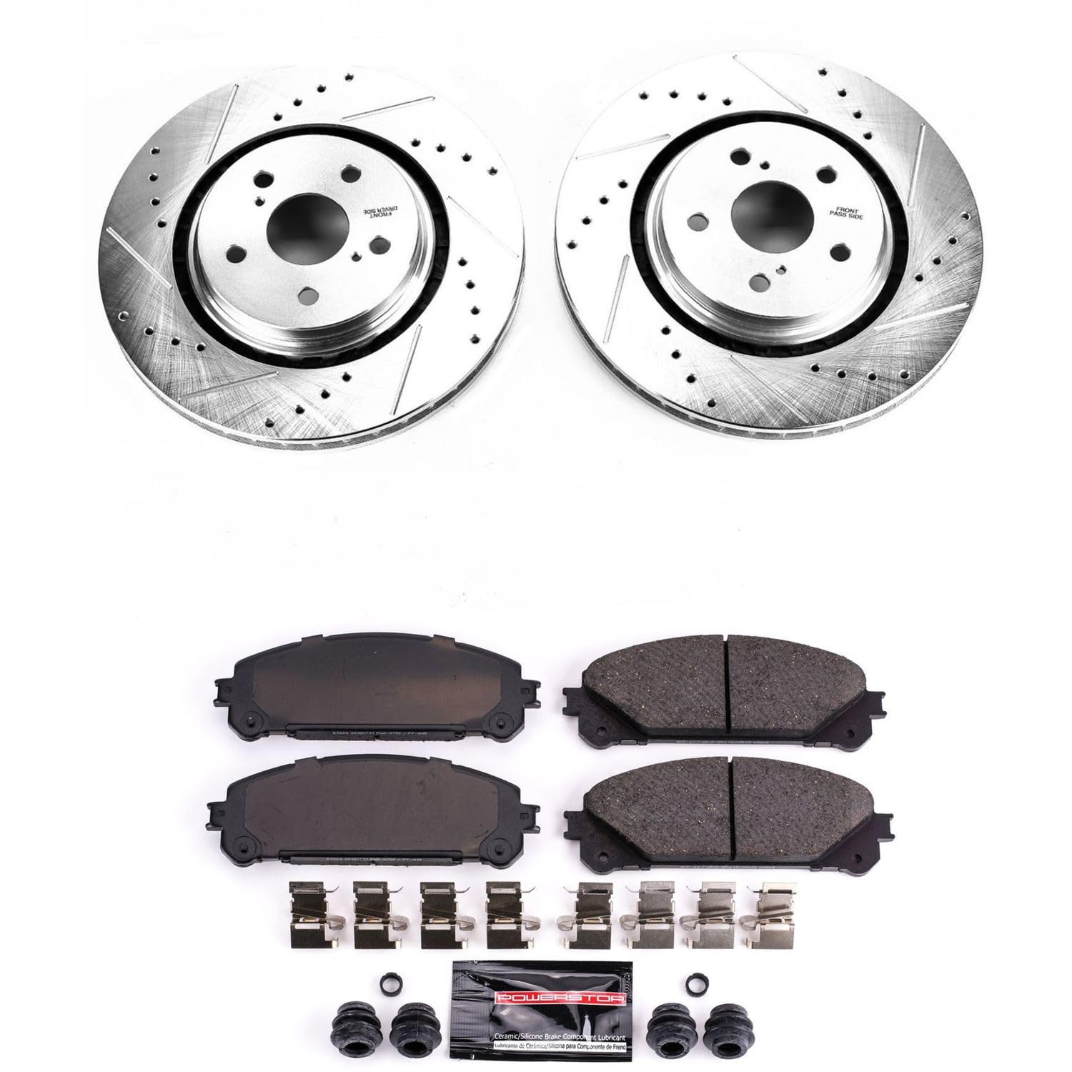 Power Stop K7688 Front Carbon Fiber Brake Pads & Drilled Slotted Rotors Kit - Fits 2016-2022 Lexus RX350/RX450h, 2018-2022 RX350L/RX450hL, 2020-2021 Toyota Avalon/Camry | High-Performance Braking for Daily Commuting & Highway Driving