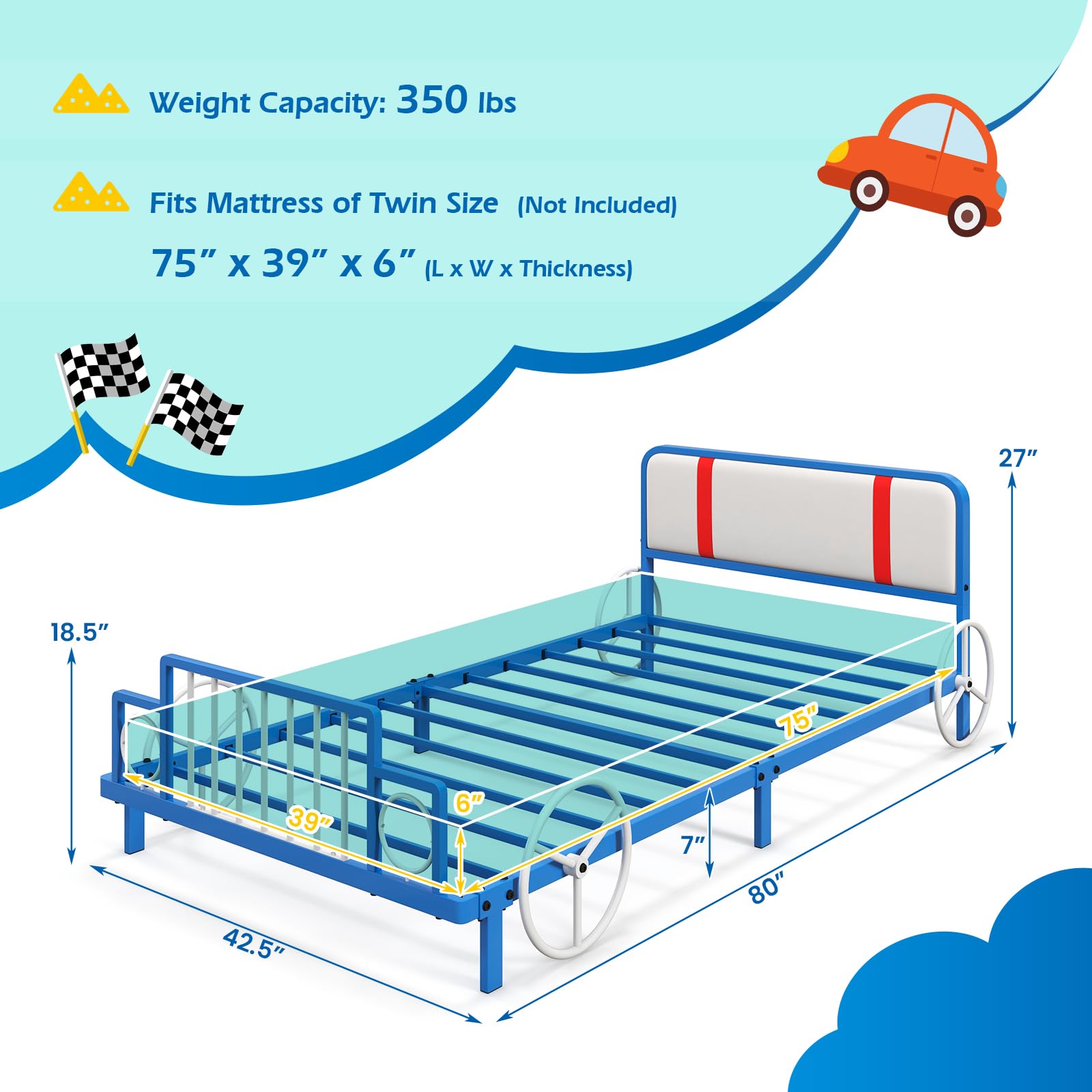 Costzon Twin Bed Frame for Kids - Sturdy Metal Platform with Slat Support, Padded Headboard & Footboard | No Box Spring Required | Easy Assembly | Fits Standard Twin Mattress (Racing Car Design) | Perfect for Kids' Bedrooms, Dorm Rooms & Guest Rooms