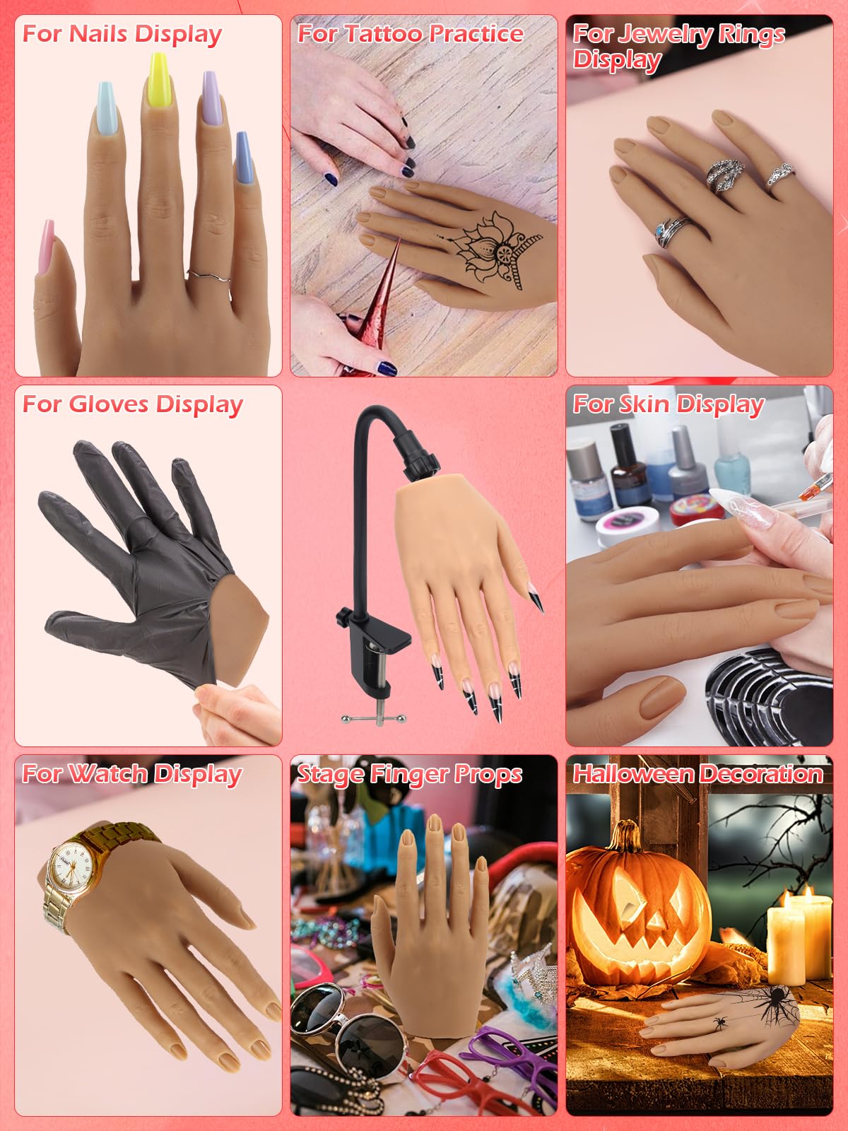 Professional Acrylic Nail Practice Hand - Soft Silicone Mannequin Hand with Stand for Nail Art Training | Realistic Flexible Fake Hand for Beginners & Professionals | Perfect for Salon Practice, Home Learning & Nail Technician Certification Prep (Right Hand)