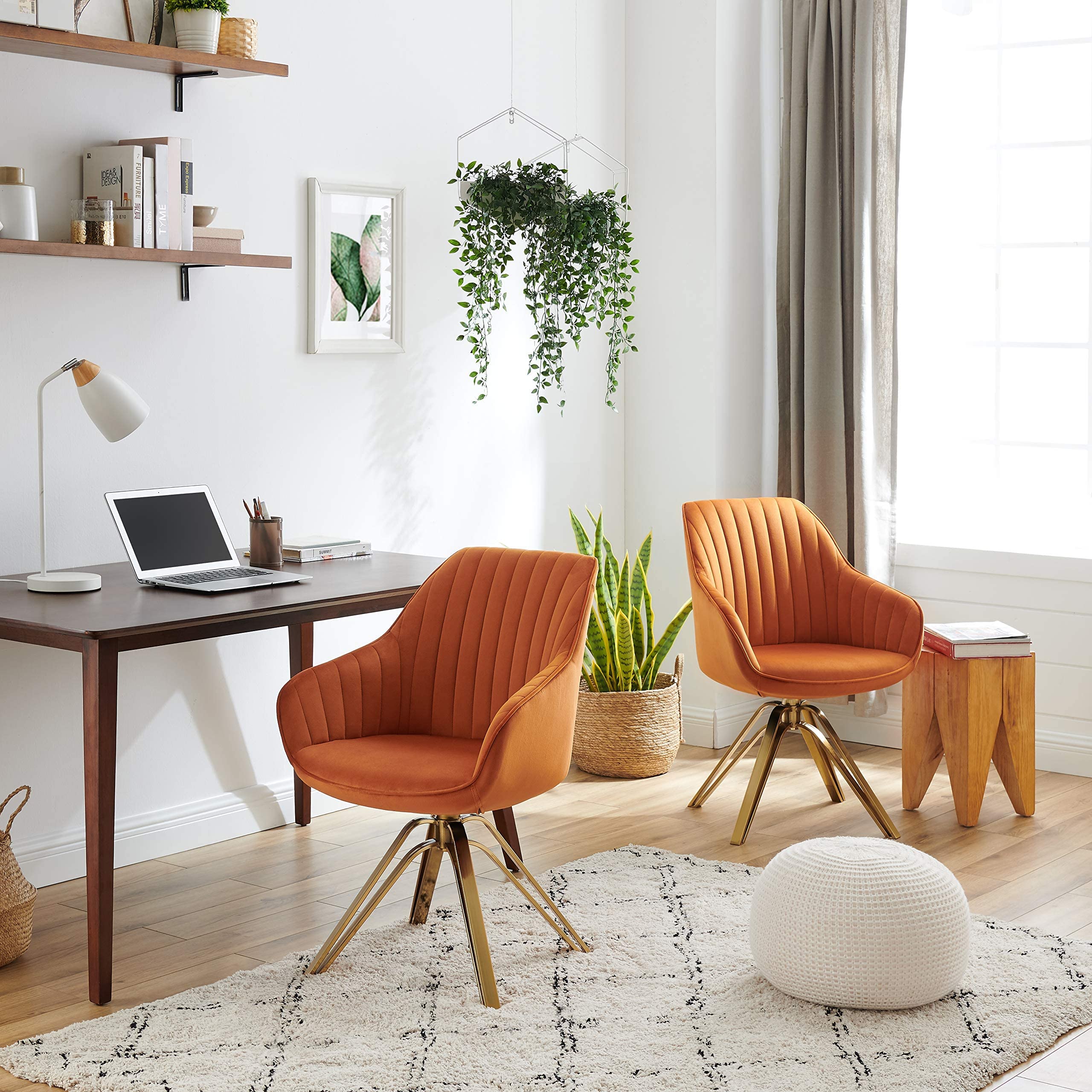 Volans Mid Century Modern Swivel Accent Chair - Hollow Brushed Gold Plated Legs, Office Desk Chair for Living Room, Dining Room & Small Spaces - Cinnamon Brown - Perfect for Home Office, Reading Nook & Lounge Areas