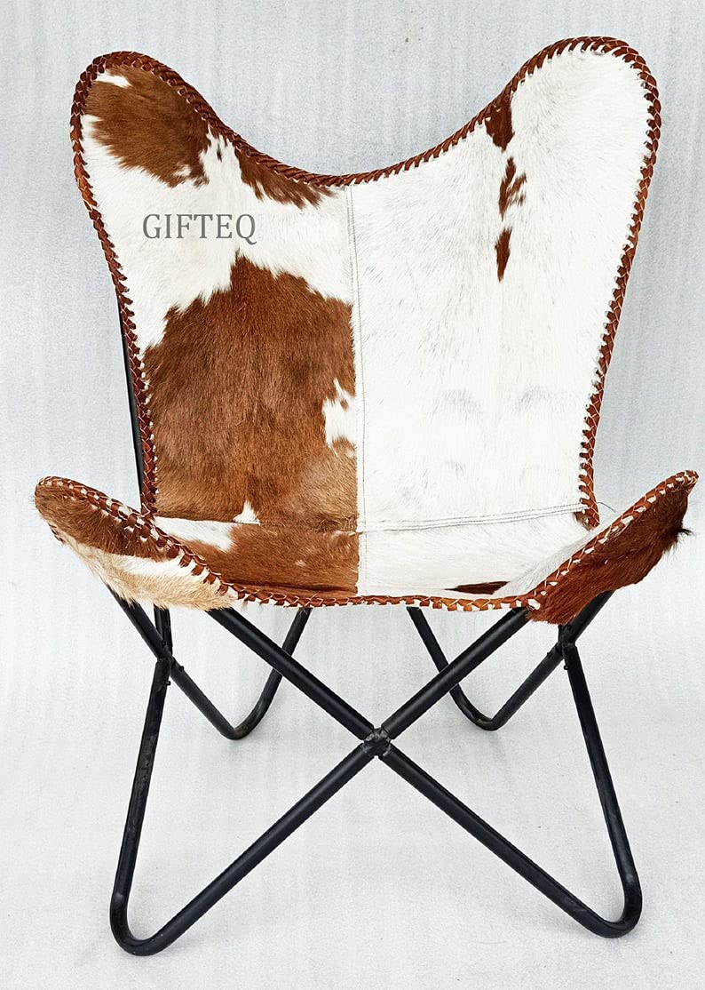 GifteQ Classic Cowhide Leather Butterfly Chair - Foldable & Easy to Assemble Living Room Chair, Comfortable Lounge & Dining Chair for Home, Patio, Dorm Room & Outdoor Use