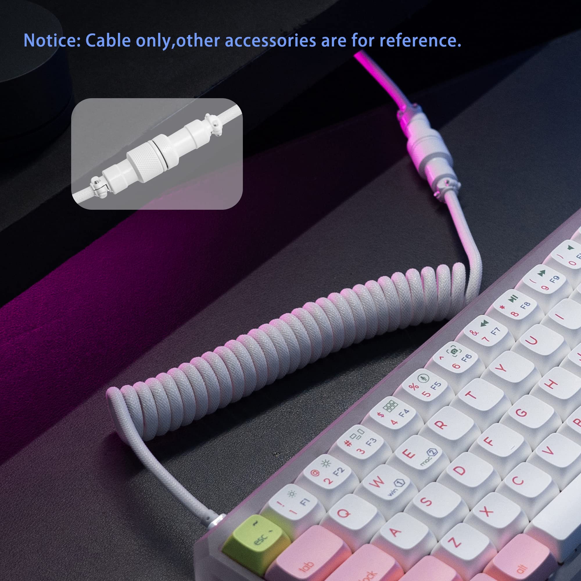 Premium Coiled USB-C to USB-A Aviator Cable for Mechanical Keyboards - Double Sleeved Nylon Braided Keyboard Cable with Storage Bag (White) - Perfect for Gaming, Typing & Custom Keyboard Setups