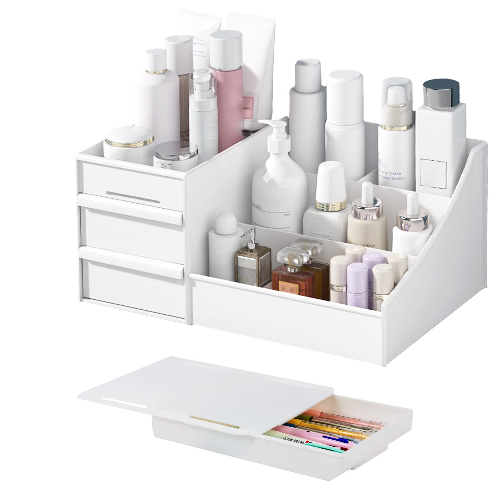 Elegant White Makeup Desk Organizer with Drawers - Large Capacity Cosmetic Storage Vanity Organizer for Lipstick, Lotion & Brushes | Perfect for Bathroom Countertop, Dressing Table & Bedroom Organization
